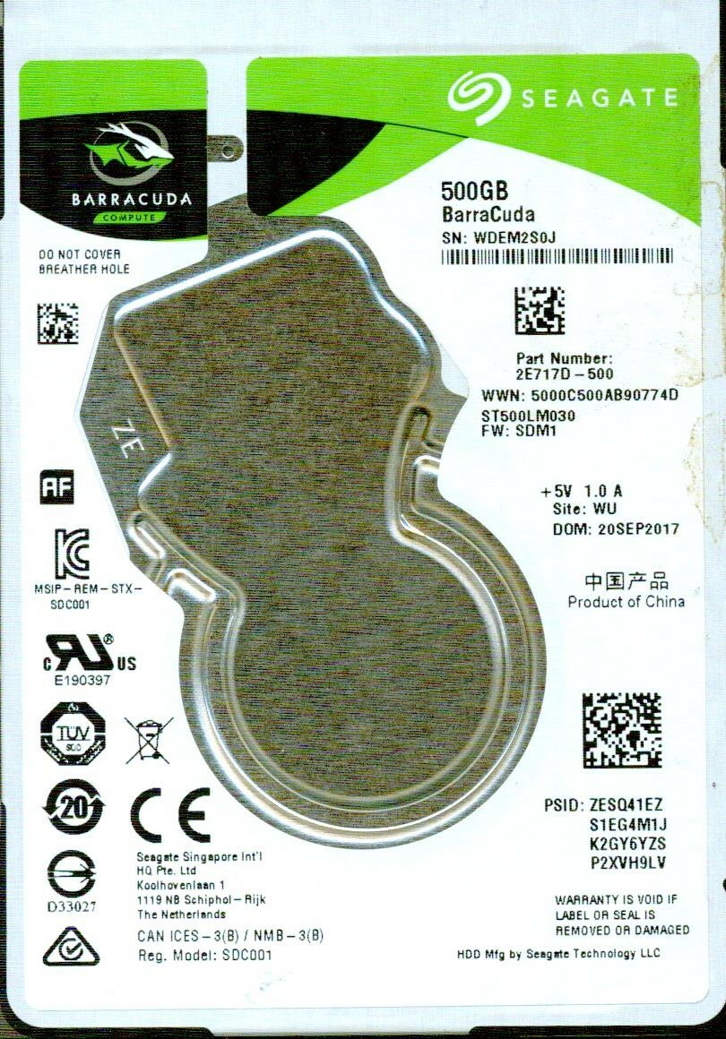 ST500LM030,  2E717D-500,  F/W: SDM1  WU  WDEM  SEAGATE SATA 500GB  SEP 2017