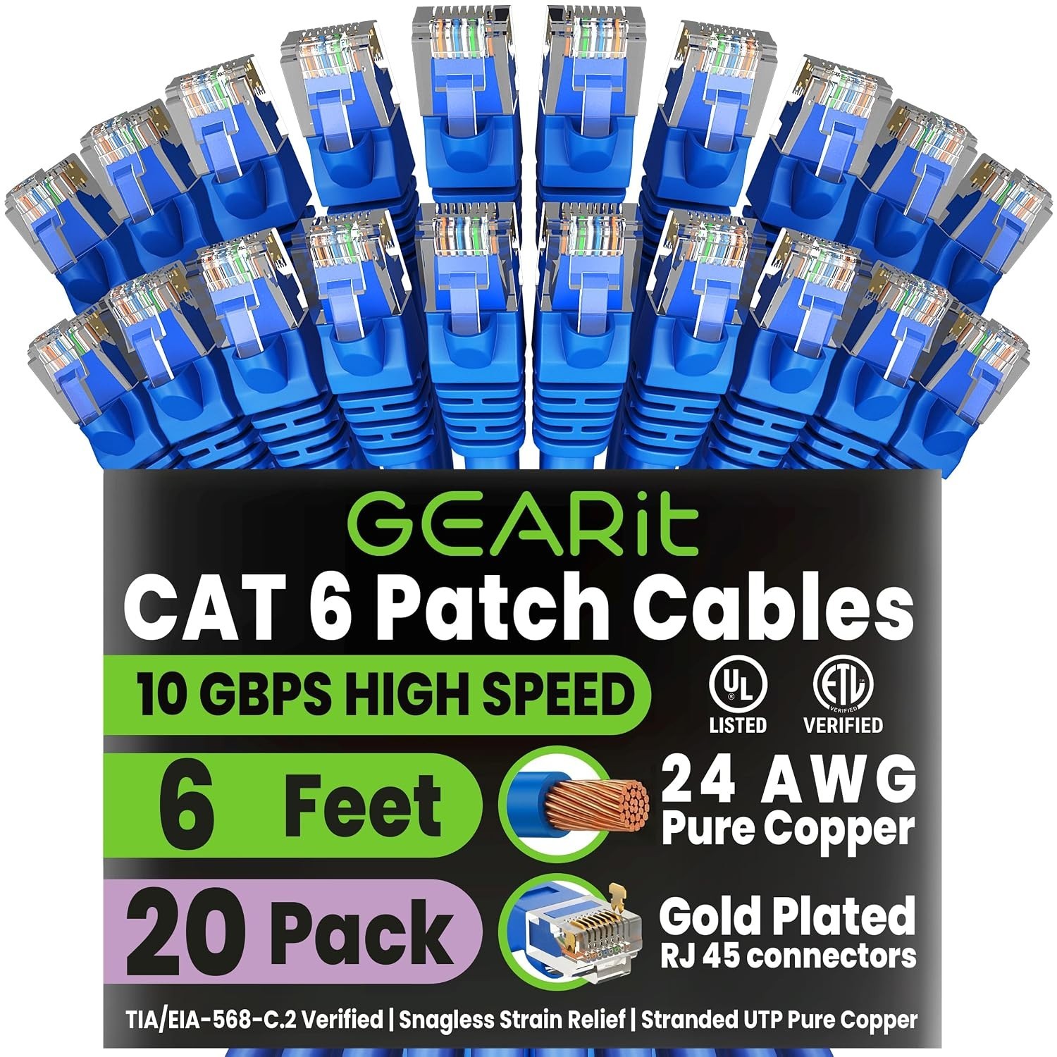 GEARit Cat6 Patch Cables 6ft Cat 6 Ethernet Cable 20-Pack Blue Brand New