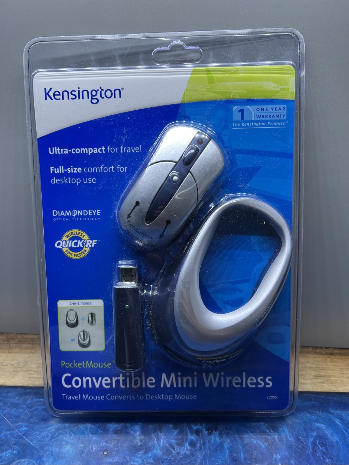 Kensington 72229 Silver Wireless USB Convertible Dual Size Optical Pocket Mouse
