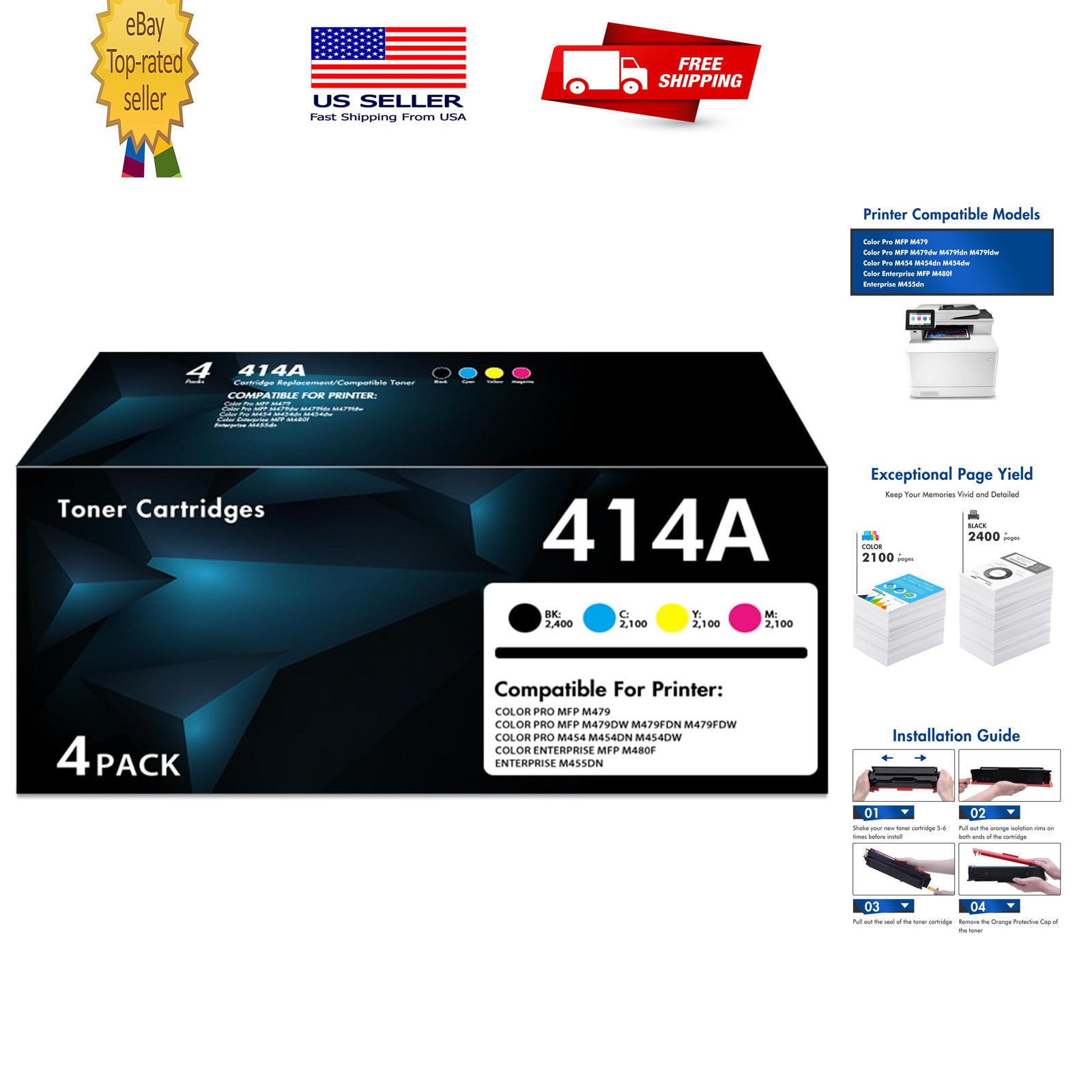 414A 414X High Yield Toner Cartridges 4 Pack| Replacement for 414A Work for