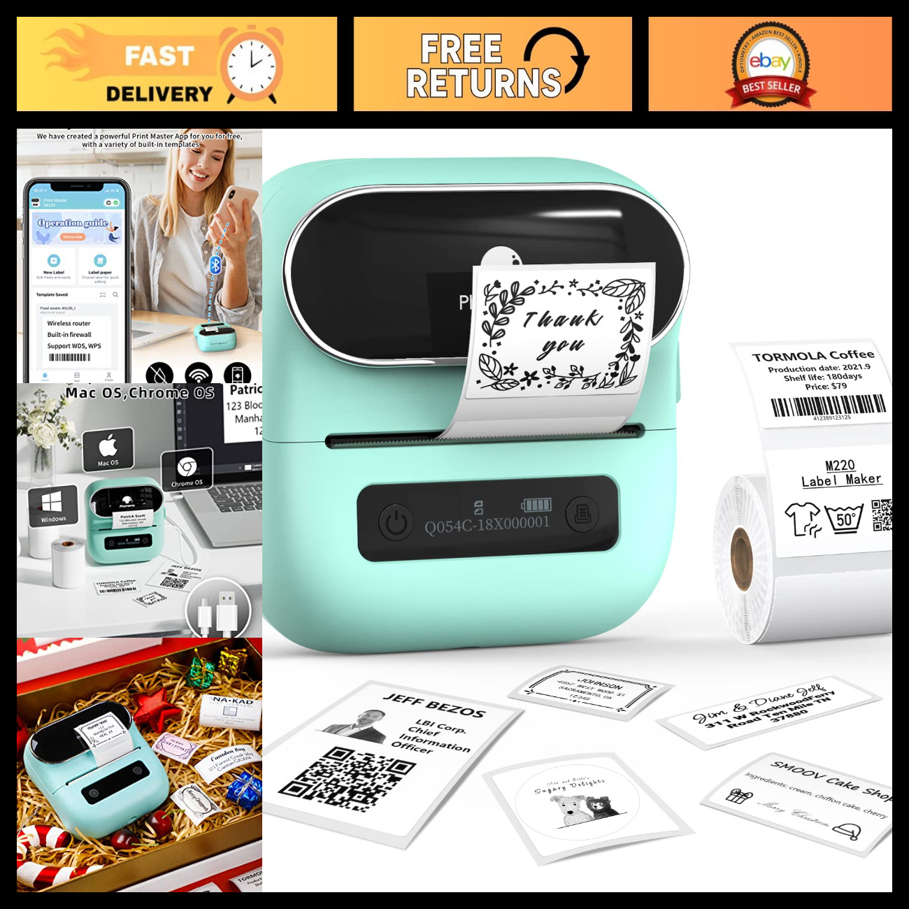 Bluetooth Thermal Label Maker, Portable 3.14” Printer, Easy-to-Use, Custom Label