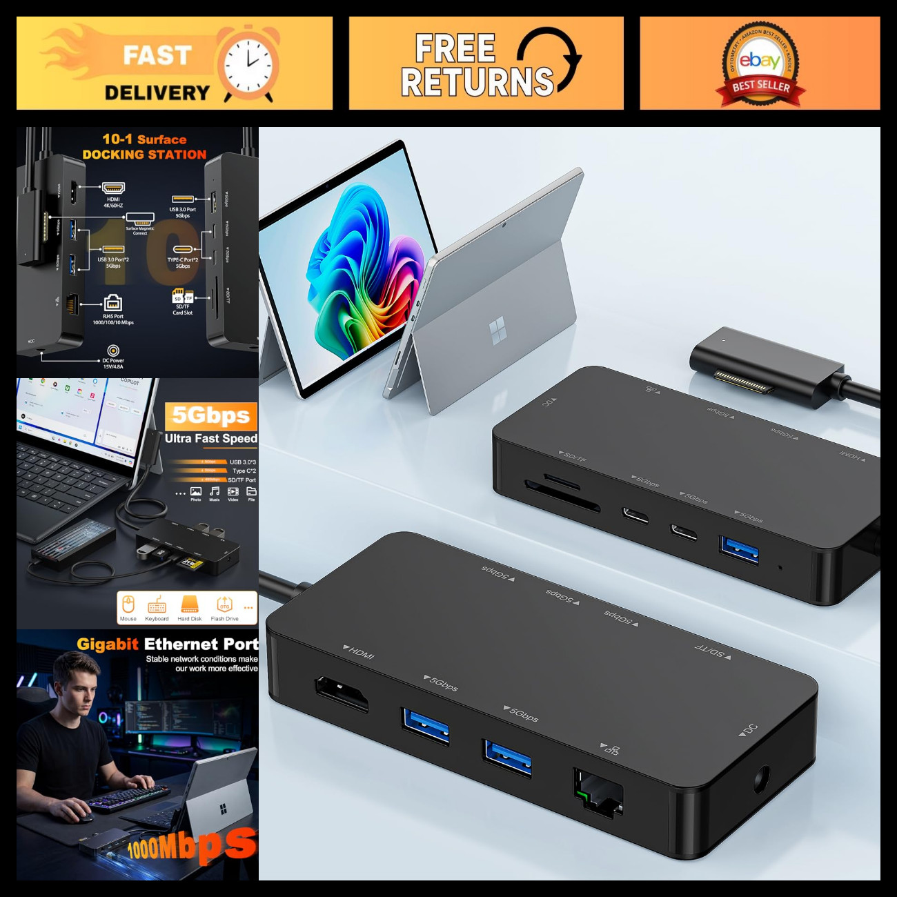 11-in-1 Docking Station for Surface Pro/Laptop/Book - 4K HDMI, USB-C, Ethernet