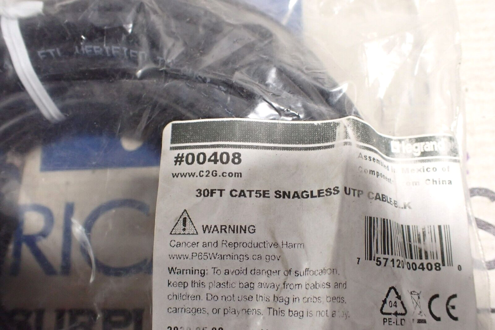 New Legrand C2G 00408 30FT CAT5E Snagless Black Unshielded Ethernet Patch Cable
