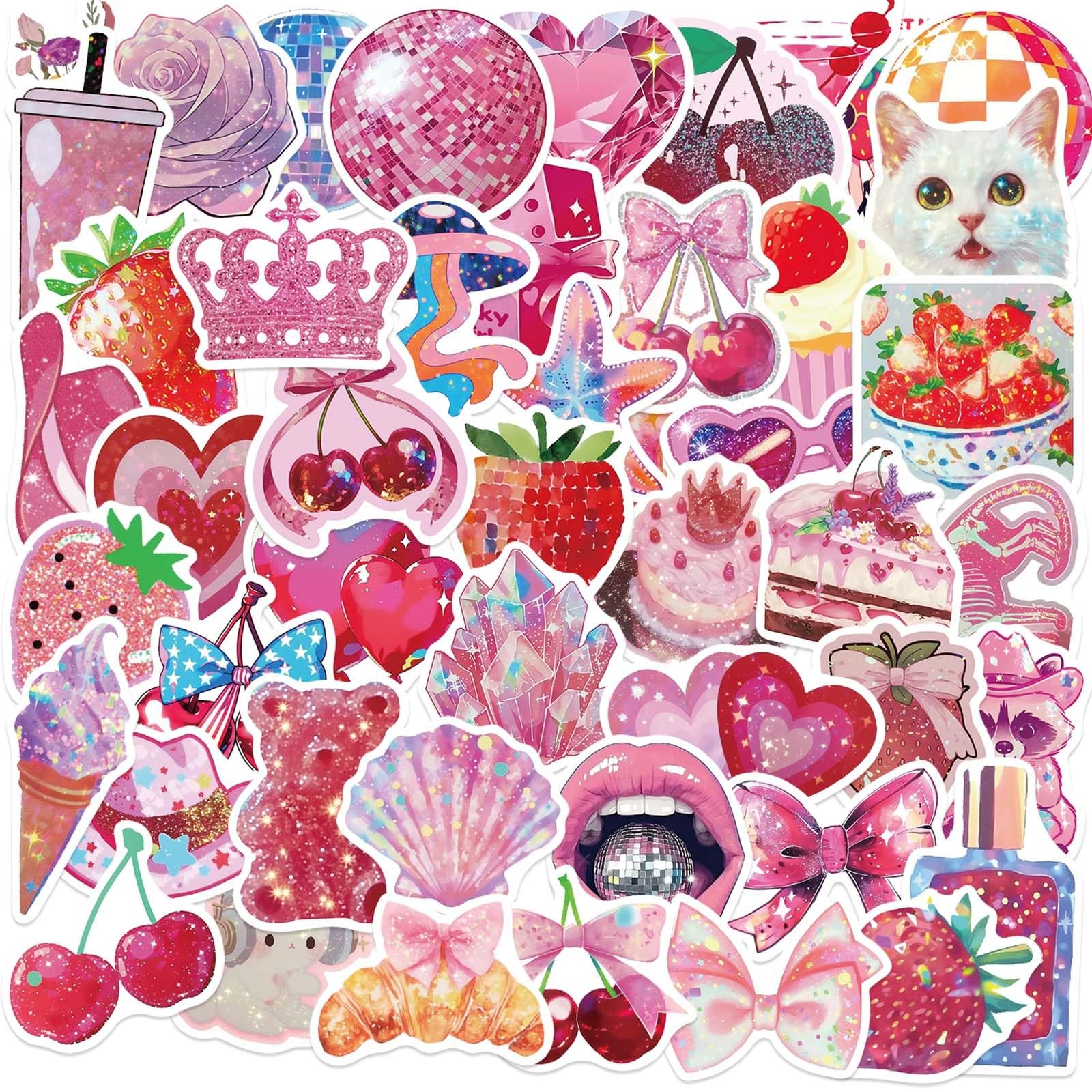 50PCS Shiny Pink Stickers, Holographic Stickers for Girls, 