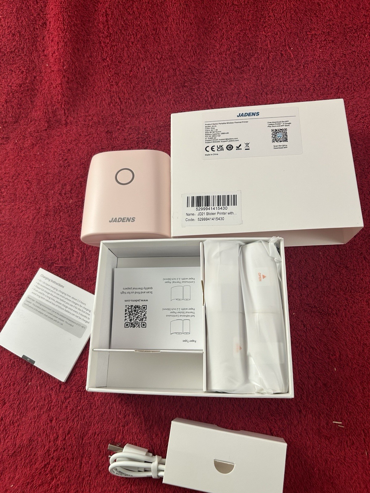 Jadens Portable Wireless Thermal Sticker / Label Printer Pink JD-21 New Open box