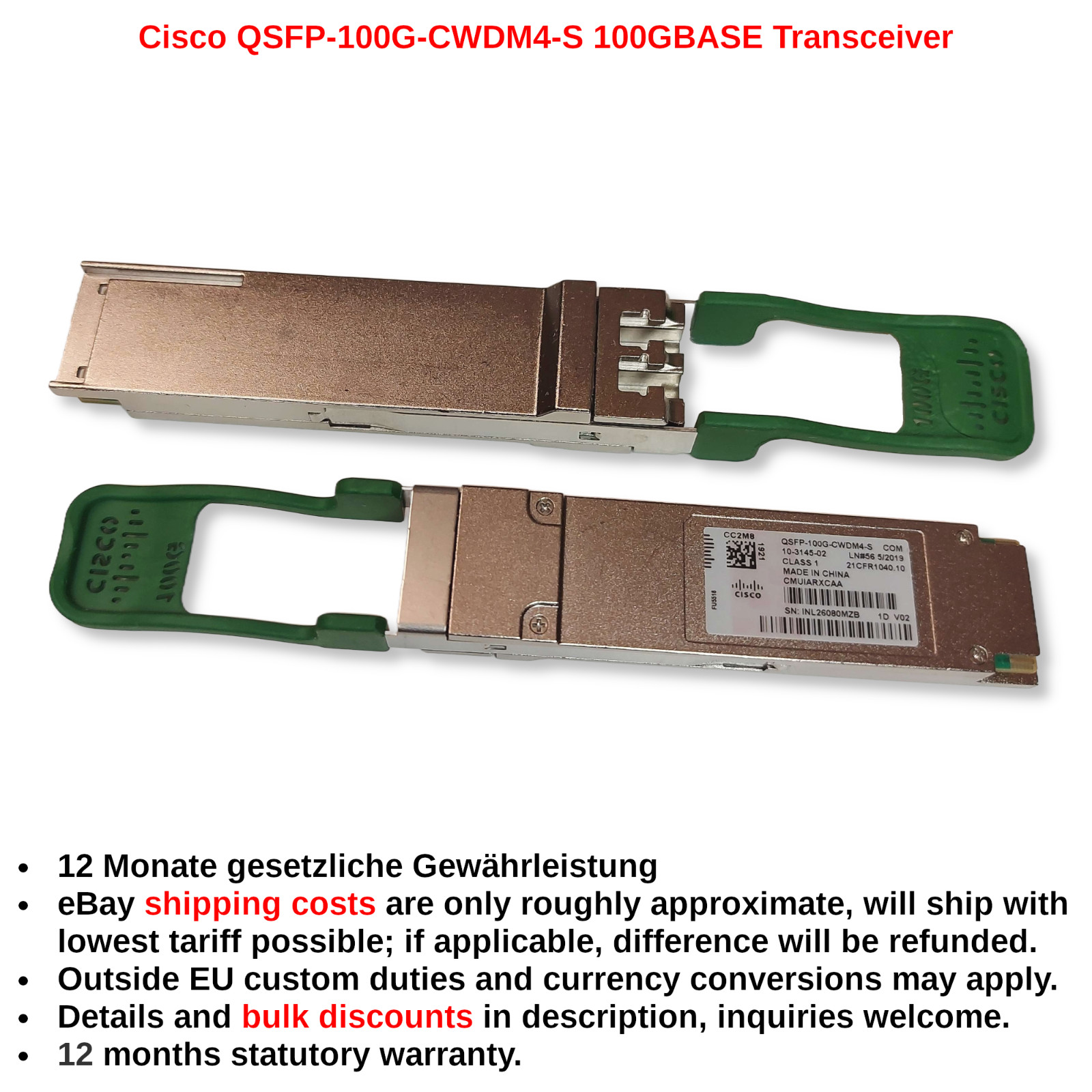 Cisco Genuine QSFP-100G-CWDM4-S 100GBASE Transceiver 10-3145-02