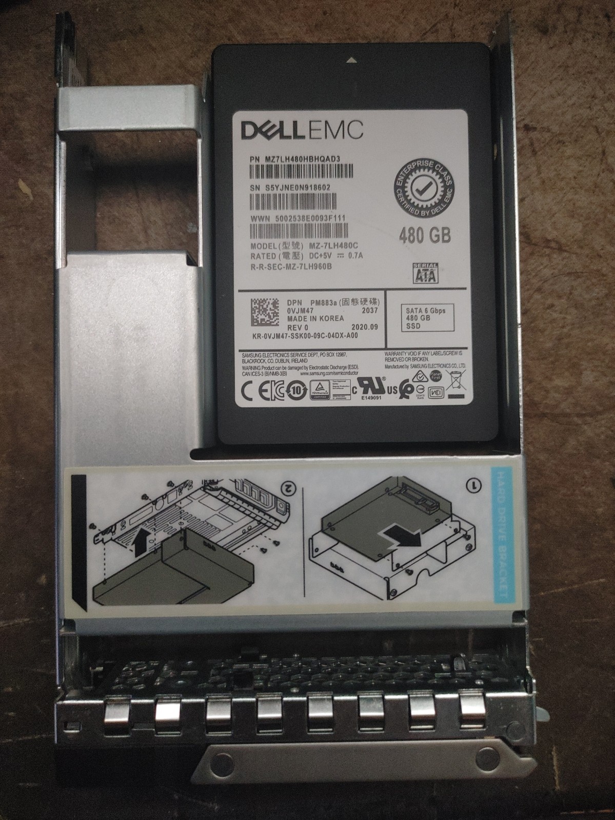 DELL VJM47 Samsung PM883a 480GB SATA 2.5in SSD w/Dell 3.5in tray 96% Health