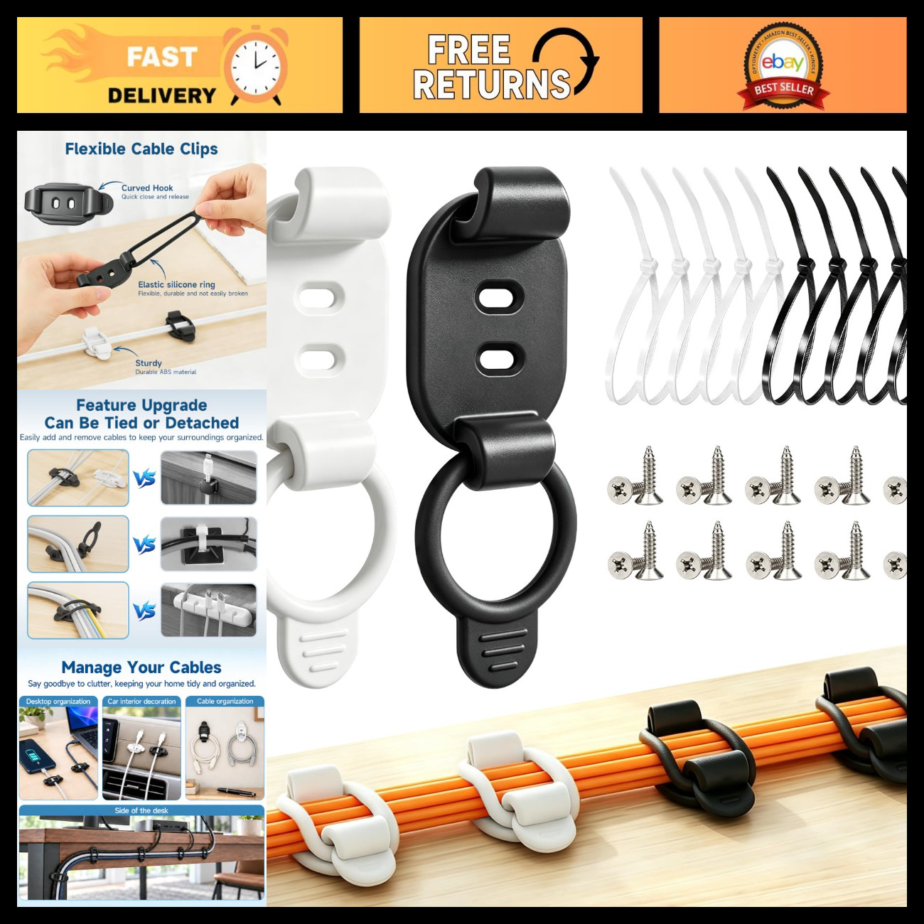 20 Adjustable Cable Management Clips, Self-Adhesive Cord Organizer, Reusable Hol