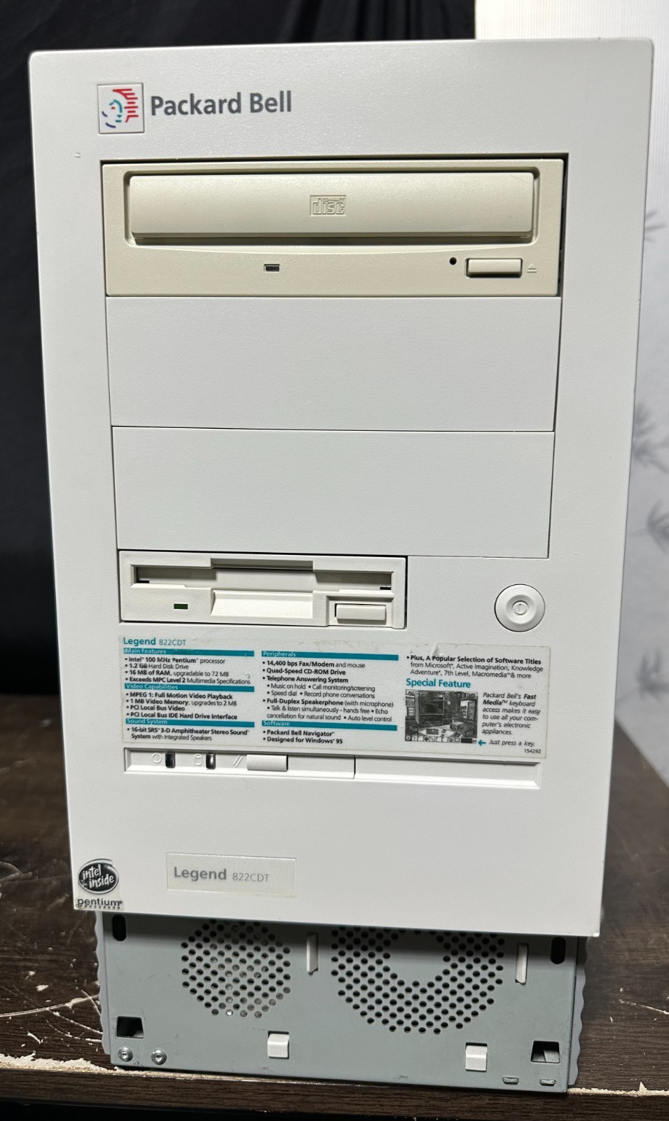 Vintage Packard Bell Legend 822CDT Tower PC Computer w/ Windows 95 WORKING, READ