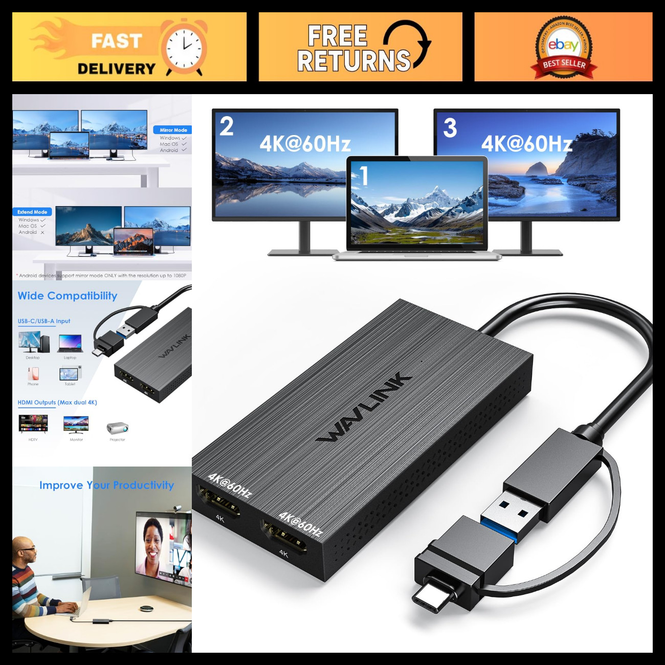 USB 3.0 USB-C Dual HDMI Splitter 4K@60Hz Adapter for Dual Monitor Setup, Windows