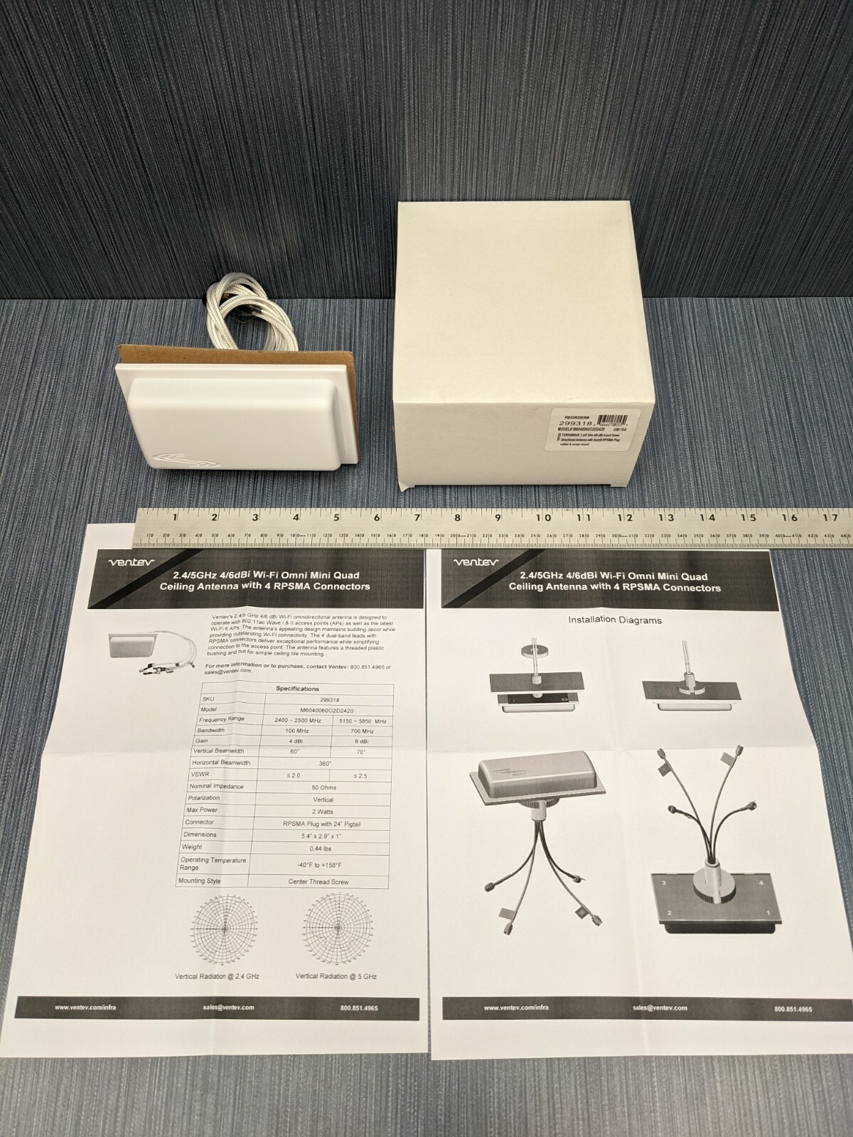 Ventev Terrawave M6040060O2D2420 2.4/5GHz 4/6dBi Omni Mini Quad Ceiling Antenna