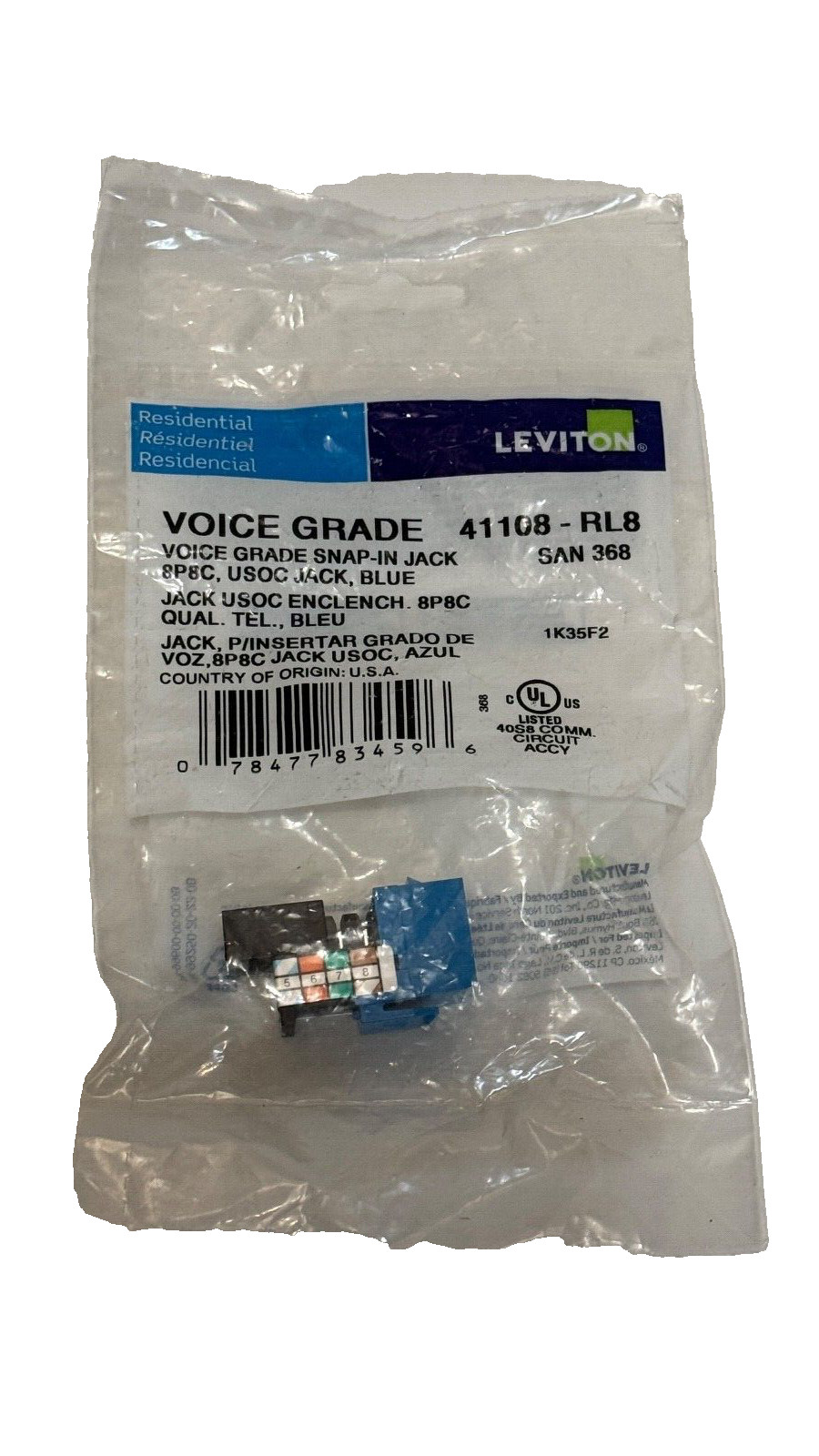 Leviton 41108-RL8 Voice Grade QuickPort Connector, Blue