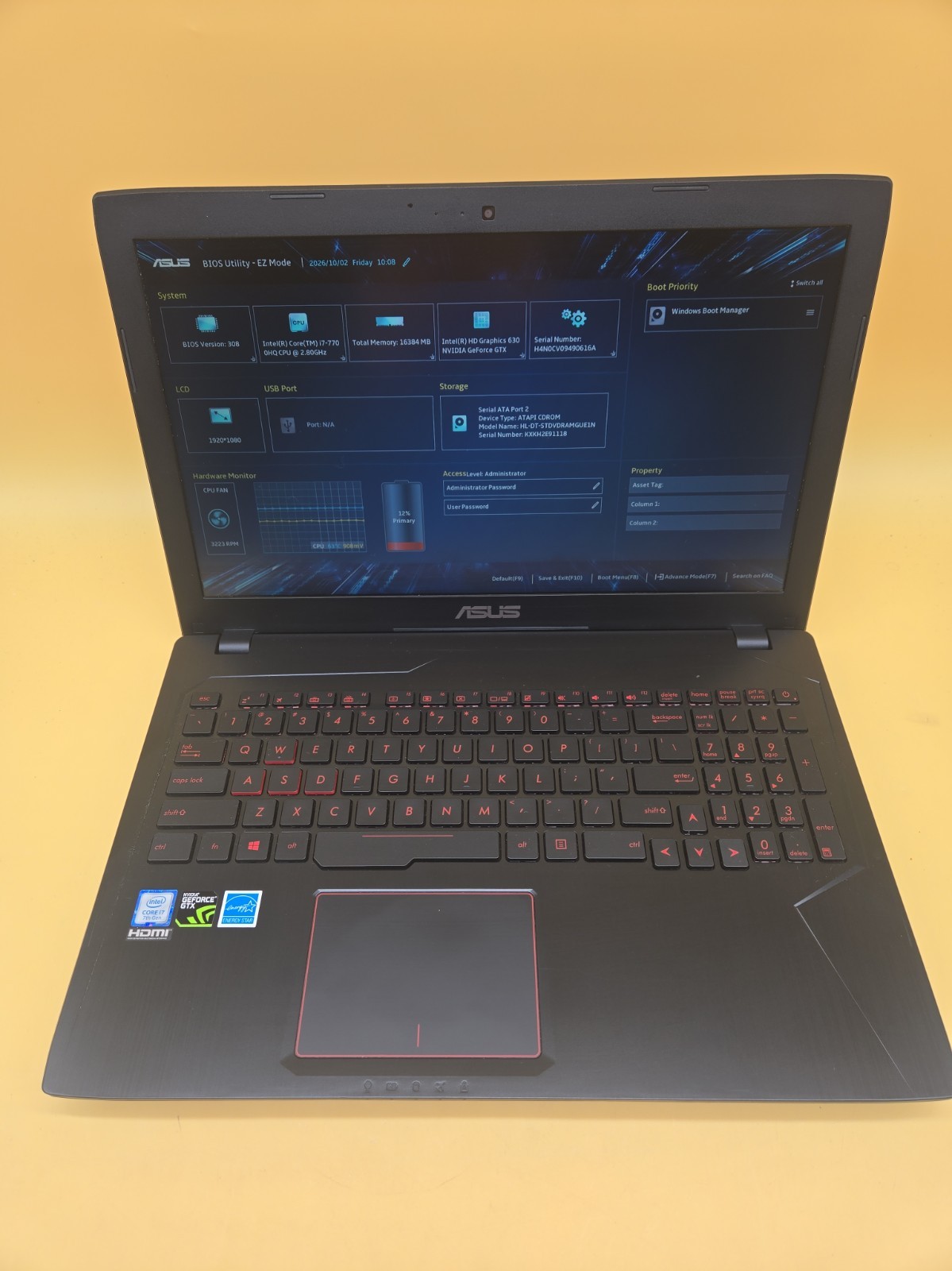 ASUS FX53VD-MS74 Intel Core i7-7700HQ @2.8GHz no RAM, no SSD/OS, Nvidia GTX 1050