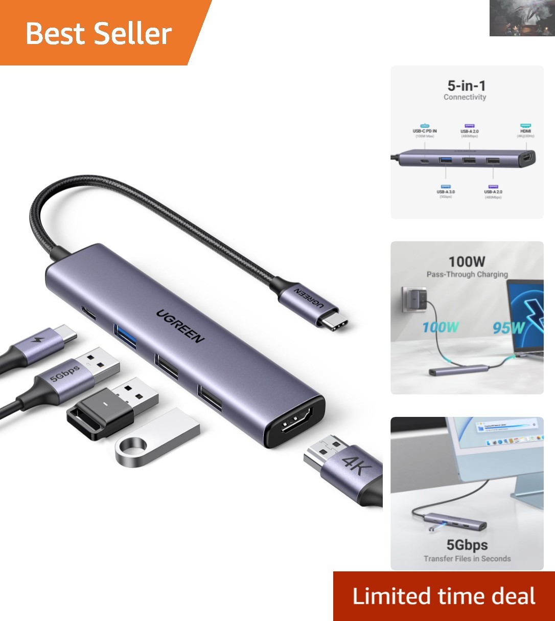 Compact USB C Hub 5 in 1 - Fast Charging 100W Power Delivery & 4K HDMI Output