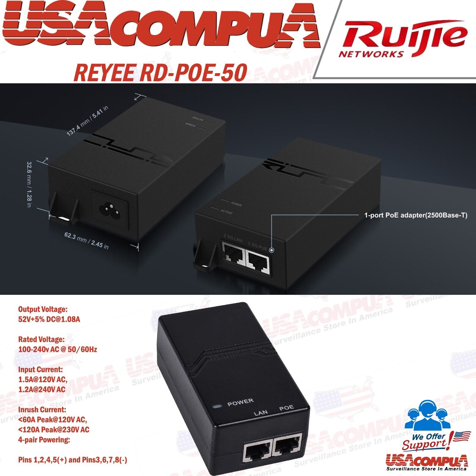 REYEE RD-POE-50 Networks POE 60W Gigabit Ethernet 50V PoE Adapter