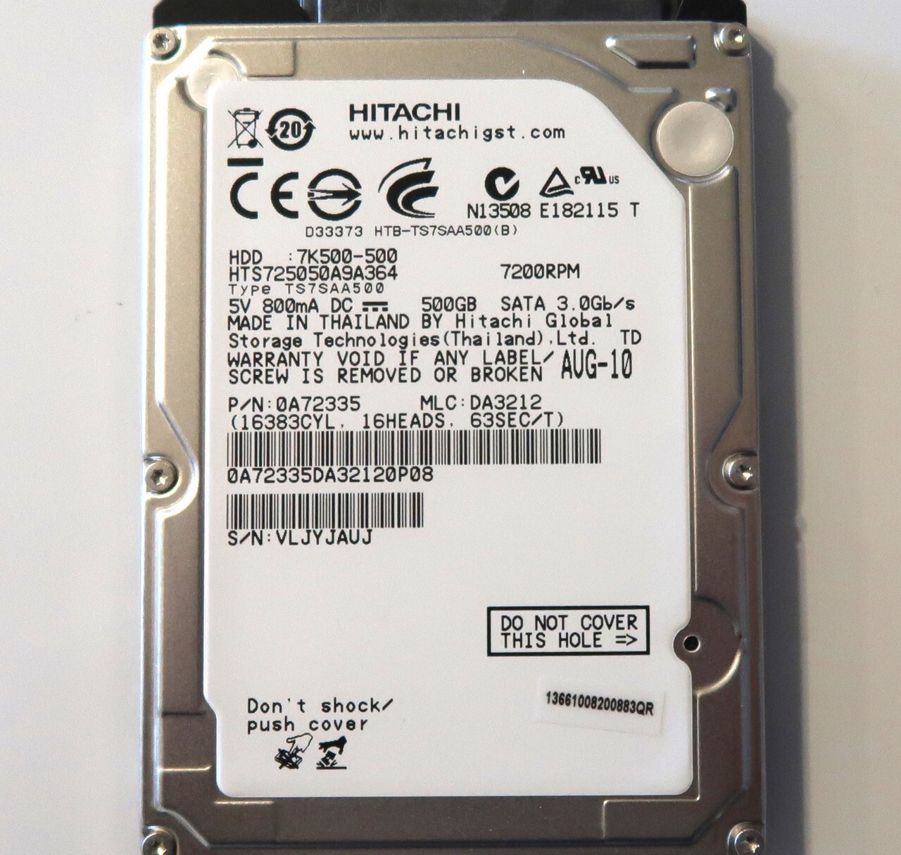 HTS725050A9A364 PN:0A72335 MLC:DA3212 (VLJY) Thailand 2.5" 500gb Sata 08/2010