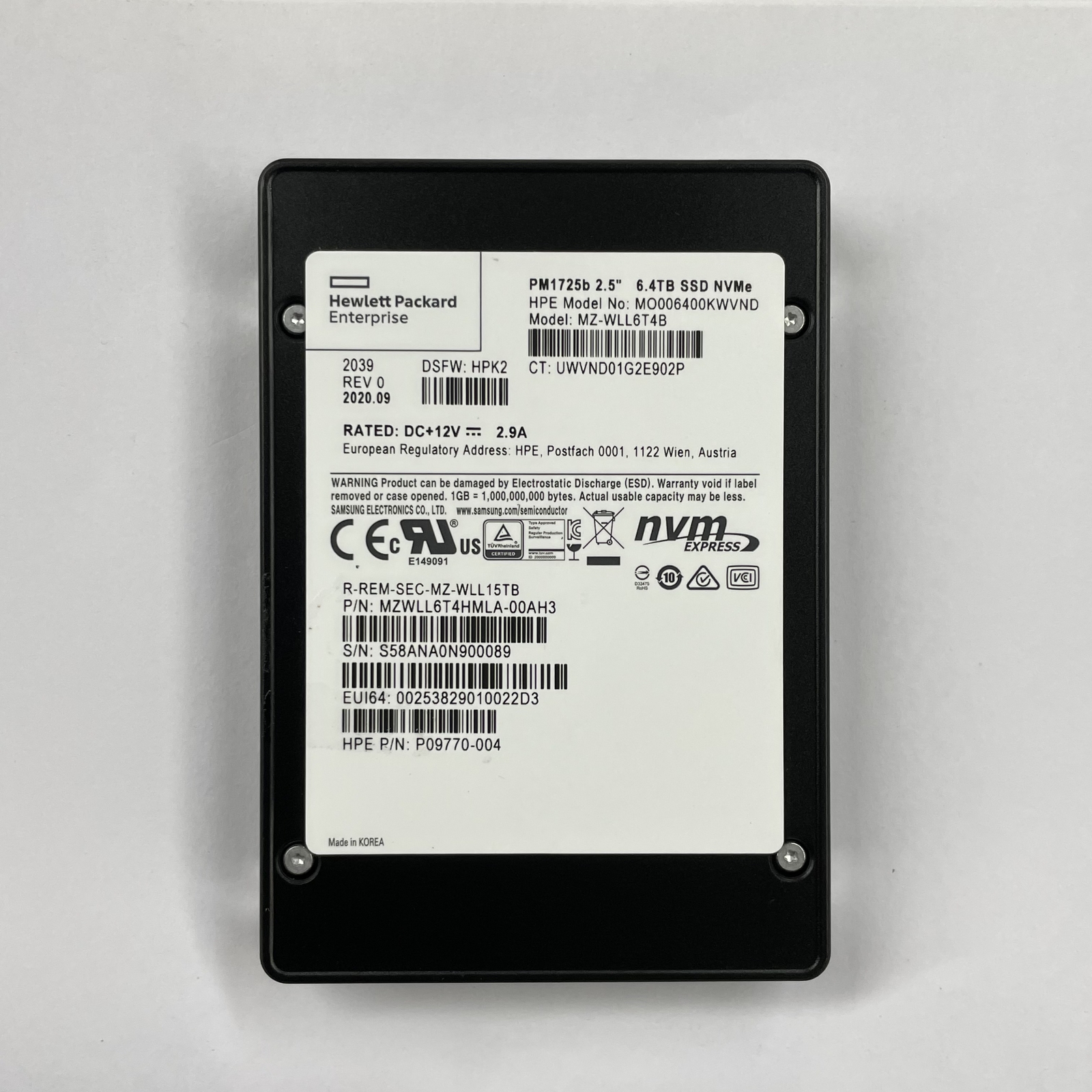 6.4TB Samsung SSD PM1725b NVME HPX2 MZ-WLL6T4B MZWLL6T4HMLA-00AH3 for HP server