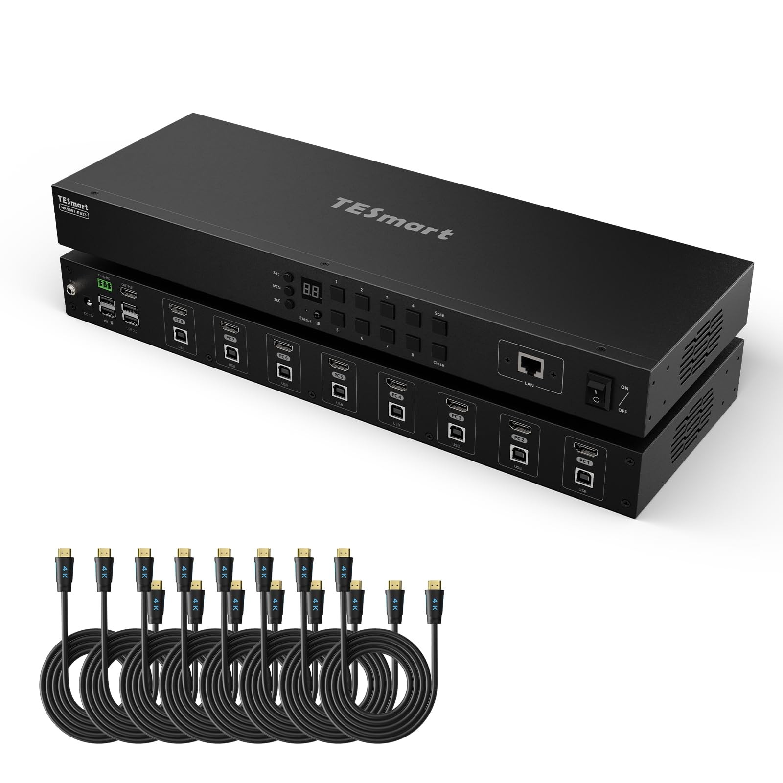 TESmart 8-Port HDMI KVM Switch 4K 30Hz USB 2.0 Rackmount 8 Cables RS232
