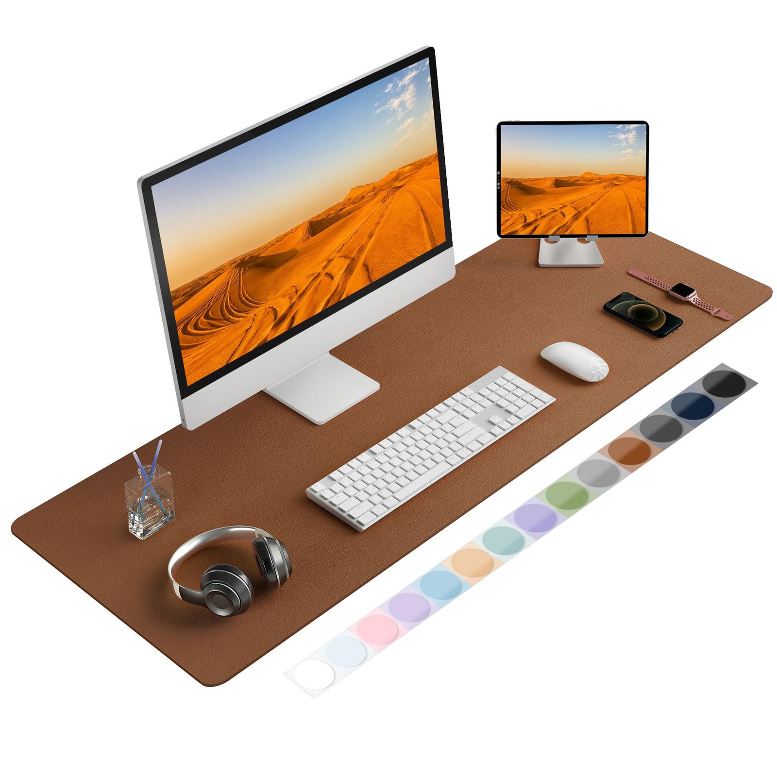 Brown PU Leather Desk Pad Protector Waterproof Computer Mouse Mat 17x48 Inch