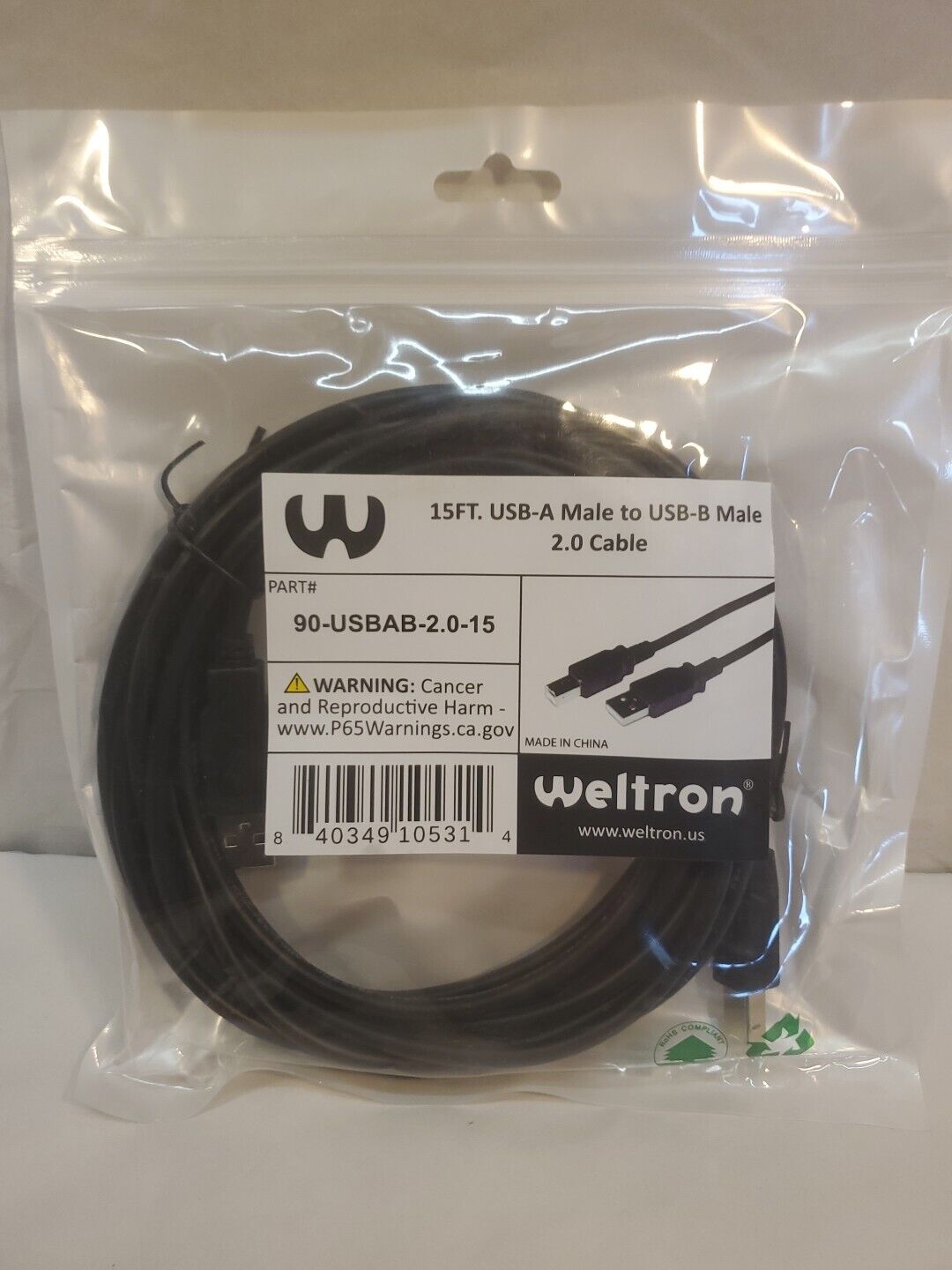 Weltron 15ft USB A-Male to B-Male Cable, 90-USB-AB-15