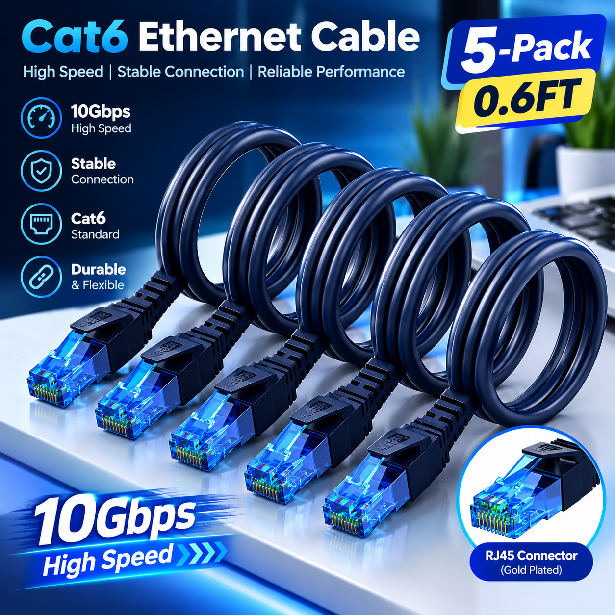 5-Pack 10Gbps Cat 6 Ethernet Cable 0.6FT, Cat6 patch Cord, Transparent Blue