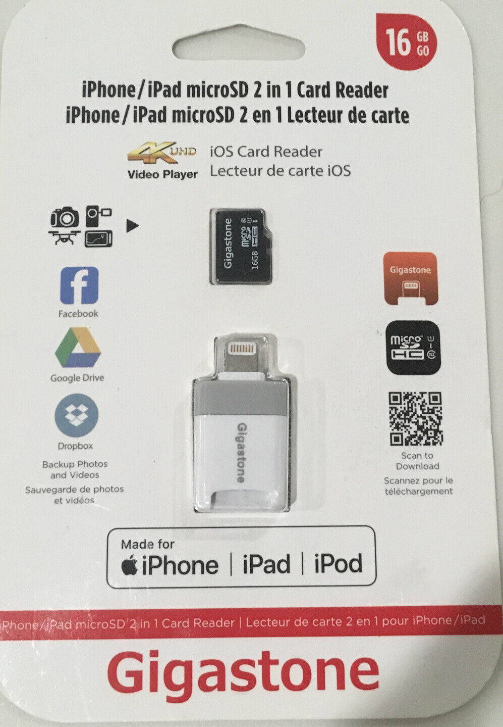 **Gigastone iOS Card Reader 4K iPhone and iPad MicroSD 2in1 16GB. NEW