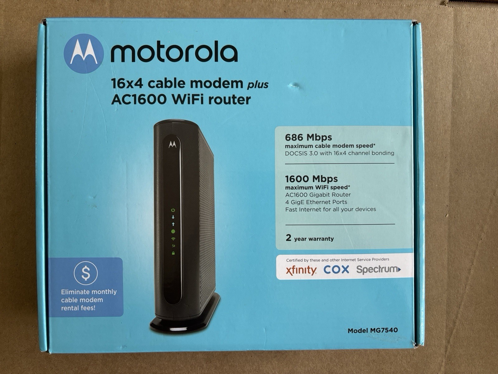 Motorola MG7540 16x4 Cable Modem Plus AC1600 Dual Band Wi-Fi Router DOCSIS 3.0