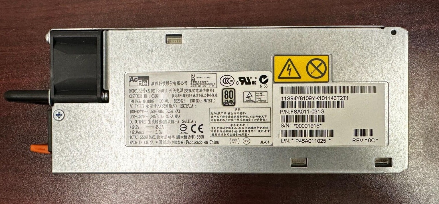 ACBEL POWER SUPPLY FSA011-030G 550W 80 PLUS PLATINUM FOR IBM X3630 M4 X3650