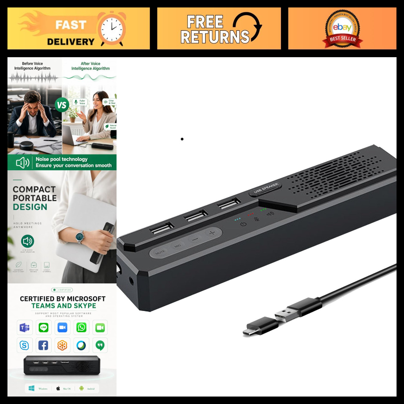 3-in-1 USB Computer Speaker & Microphone for PC/Laptop - 360° Sound, Home Office