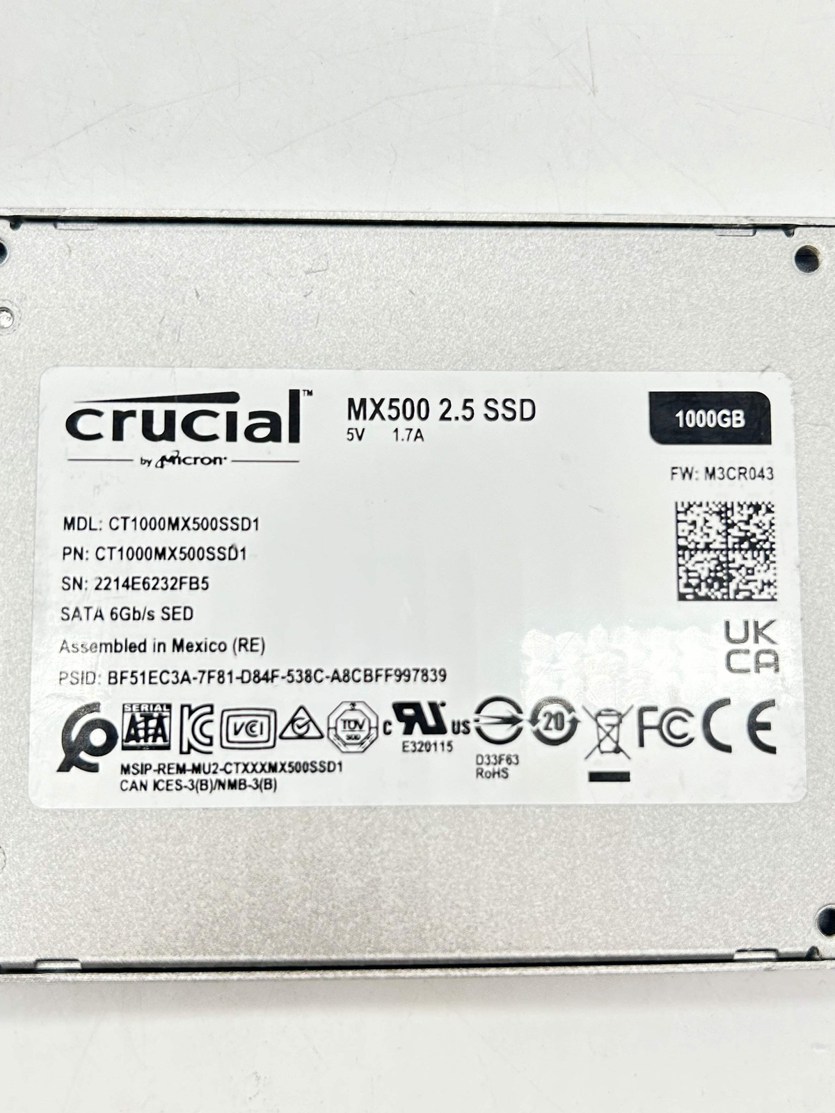 Crucial MX500 1TB 2.5-inch SATA III SSD CT1000MX500SSD1 — (100% Health)