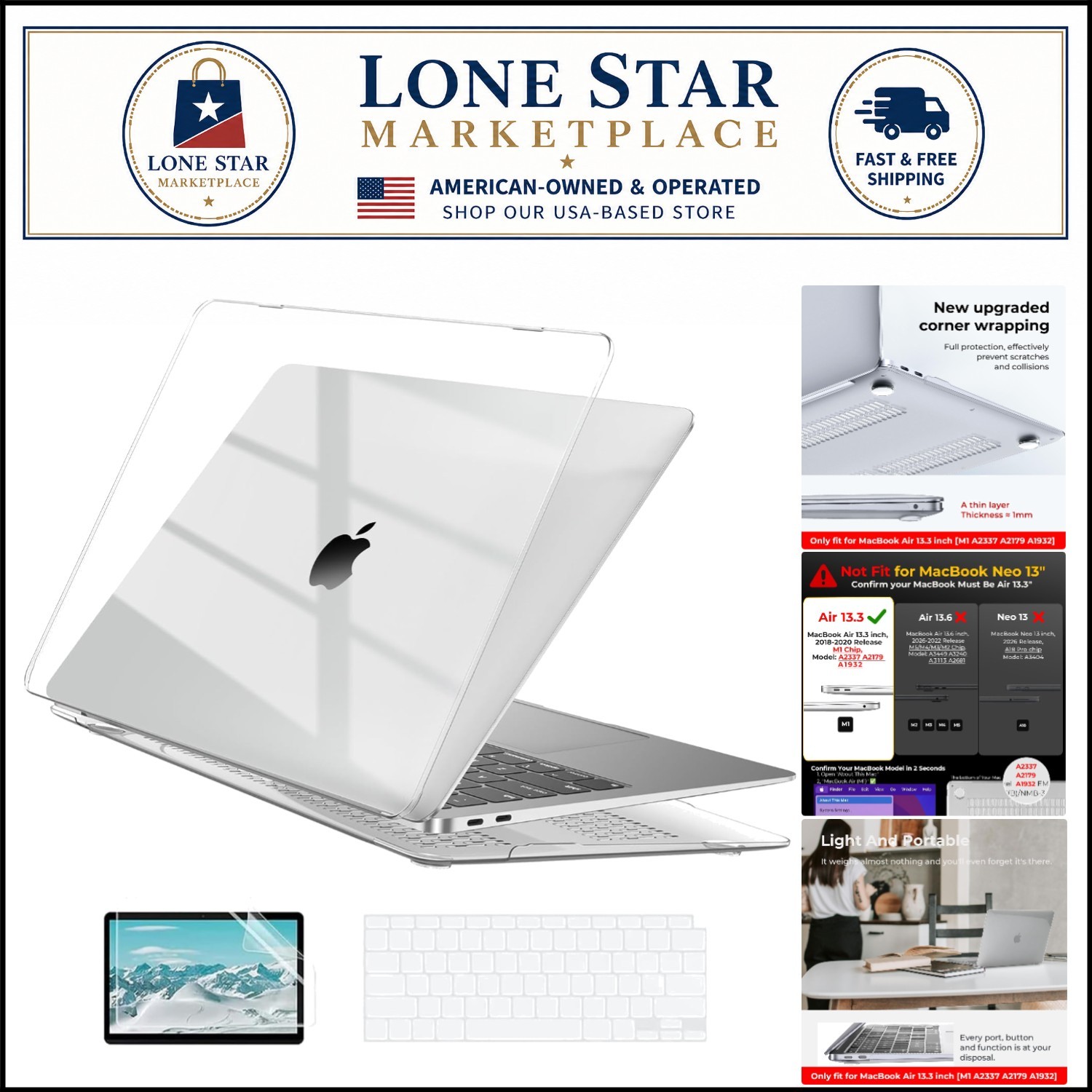 Crystal Clear Hard Case for MacBook Air 13.3 M1 (2018-2021) with Protection Kit
