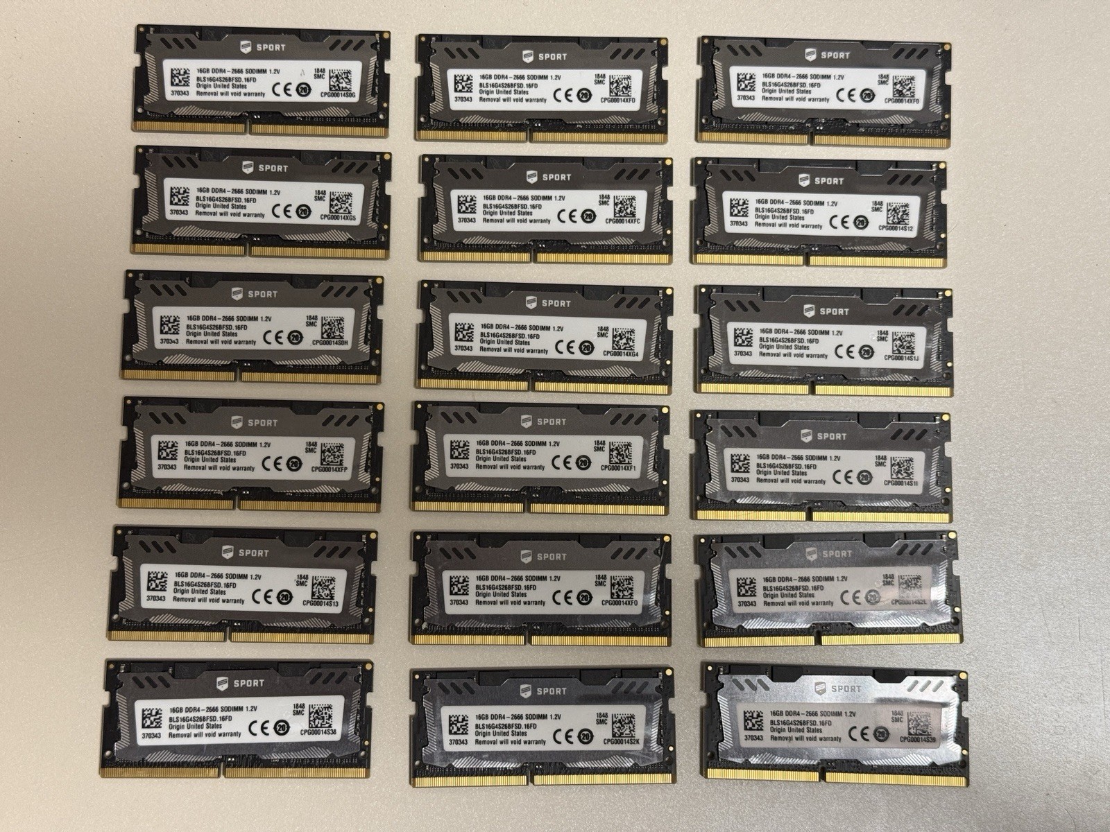 Lot of 18 - Crucial Ballistix Sport 16GB DDR4-2666 SO-DIMM