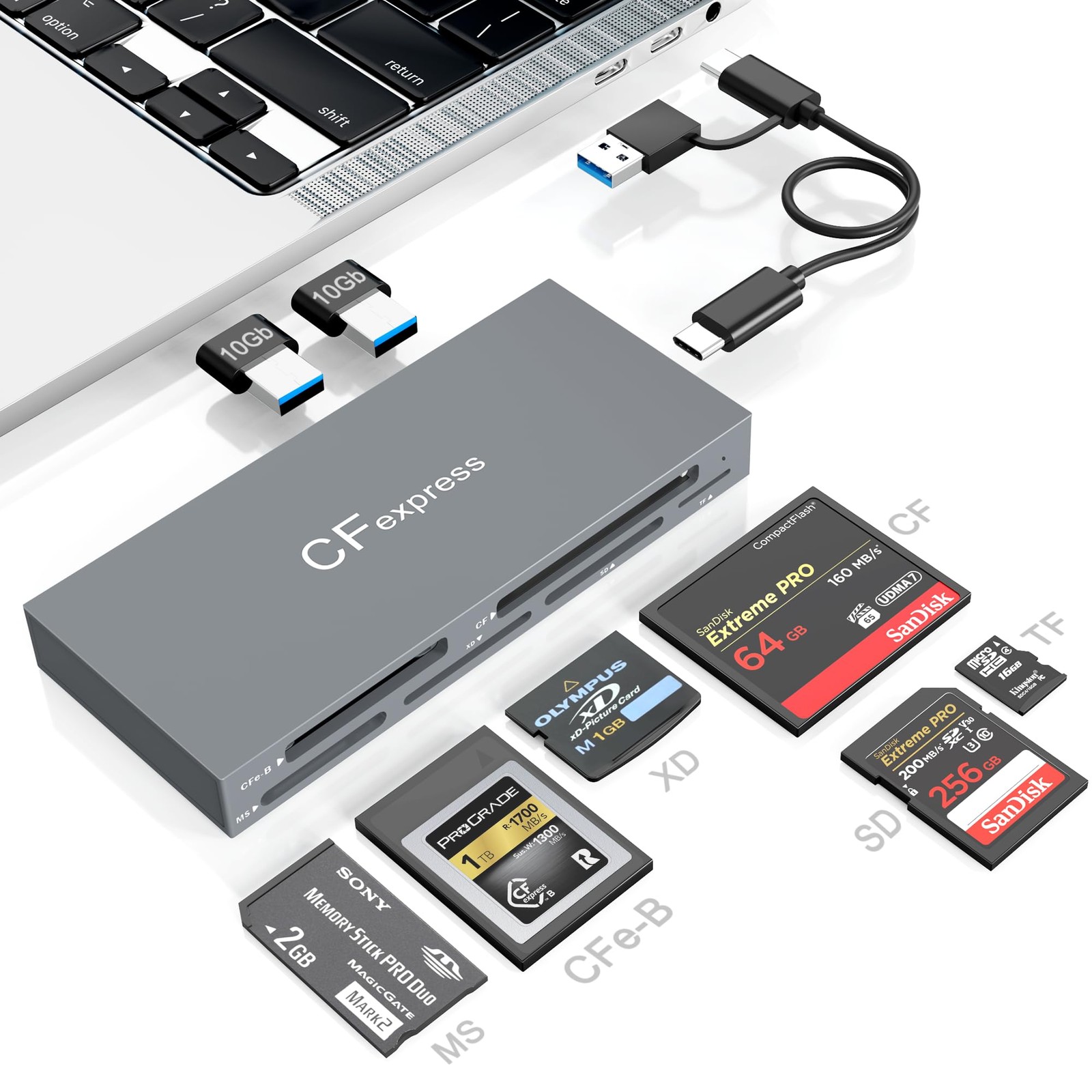 8 in 1 CFexpress Type B Card Reader with 2 10Gb USB, USB3.2 Gen2 10Gbps CF Expre