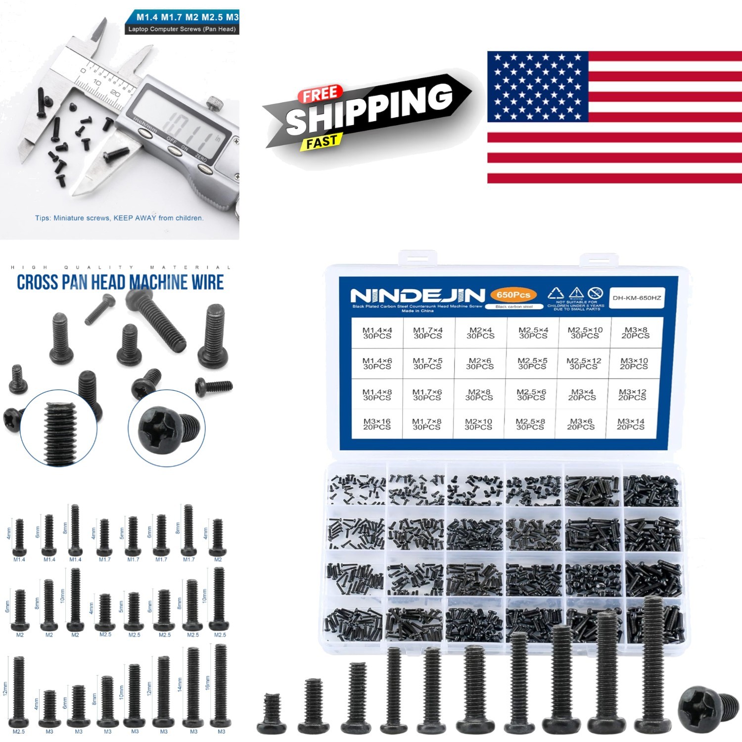Carbon Steel Laptop Screw Kit 650 Pcs M1.4 M1.7 M2 M2.5 M3 Portable Storage Box
