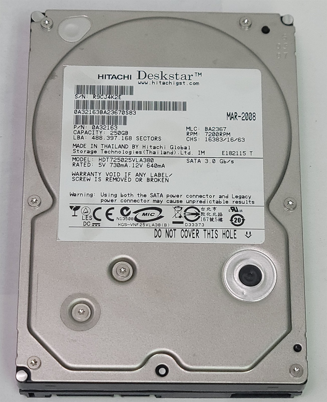 Hitachi HDT725025VLA380 HDD , 3.5" , 250 GB, SATA/300, 7200RPM , tested w/ pics