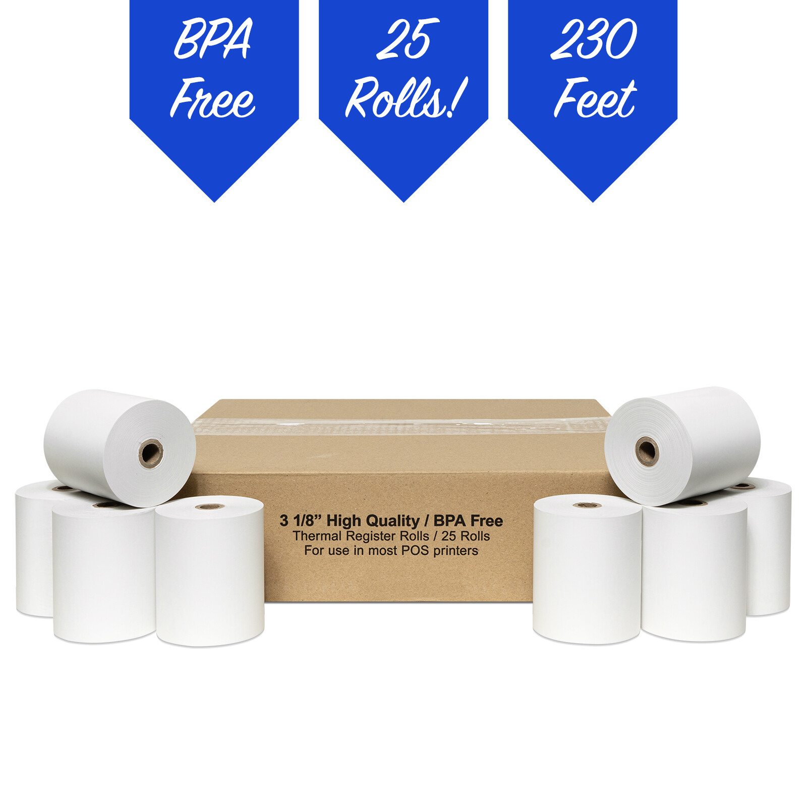 3 1/8" x 230' White Thermal PoS Receipt Paper 25 Rolls **FREE SHIPPING**