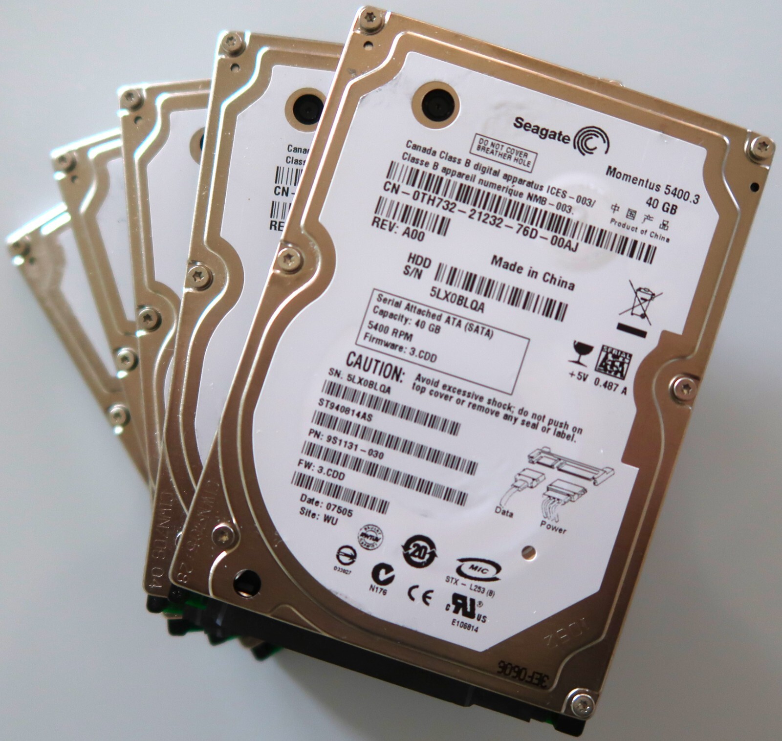 Lot of 5 Seagate ST940814AS 5400rpm 8MB 2.5" 40gb Sata hard drives
