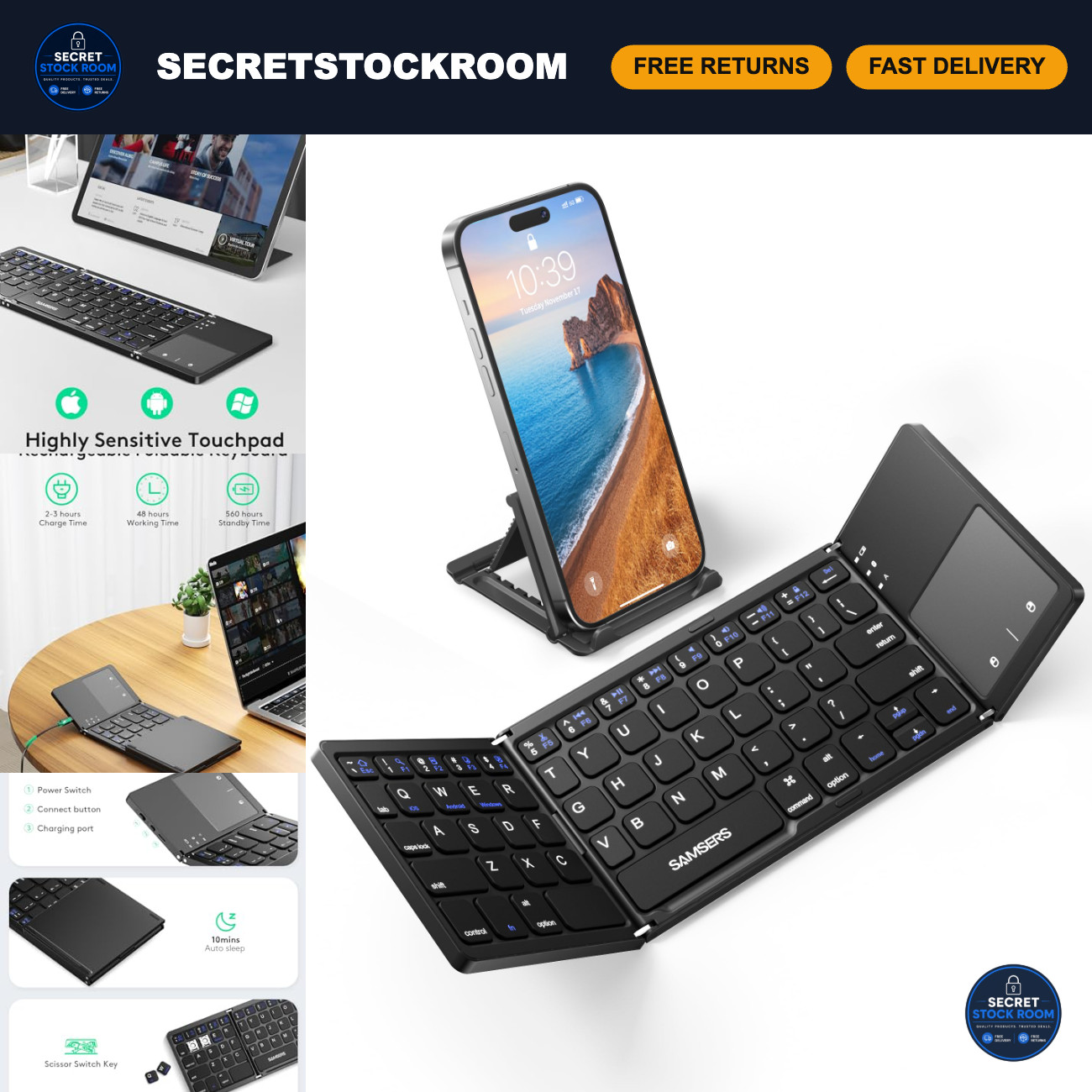 Ultra Slim Foldable Bluetooth Keyboard with Touchpad - Compact & Portable Design