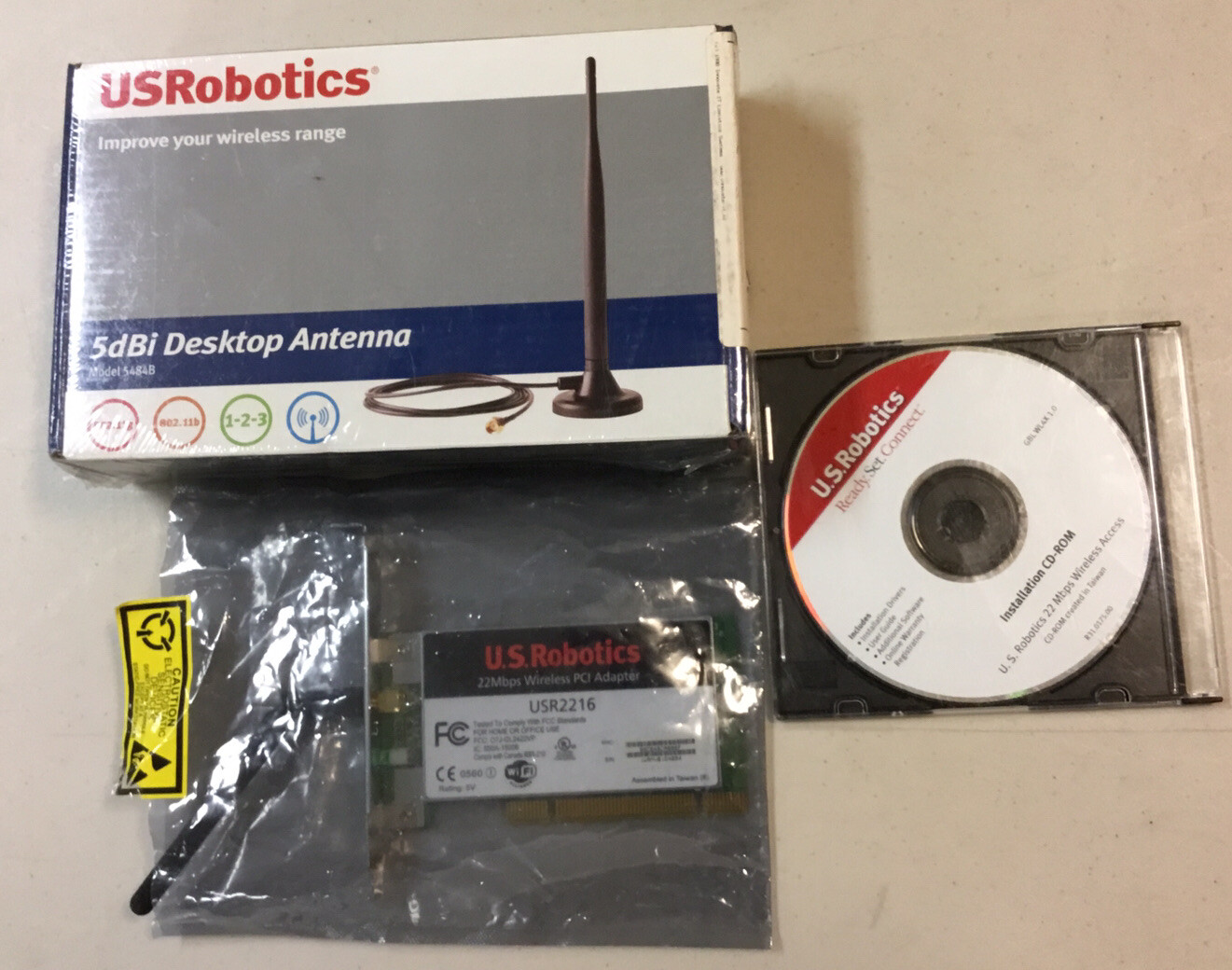 U.S. Robotics USR2216 22Mbps Wireless PCI Adapter, NEW Desktop antenna, Software