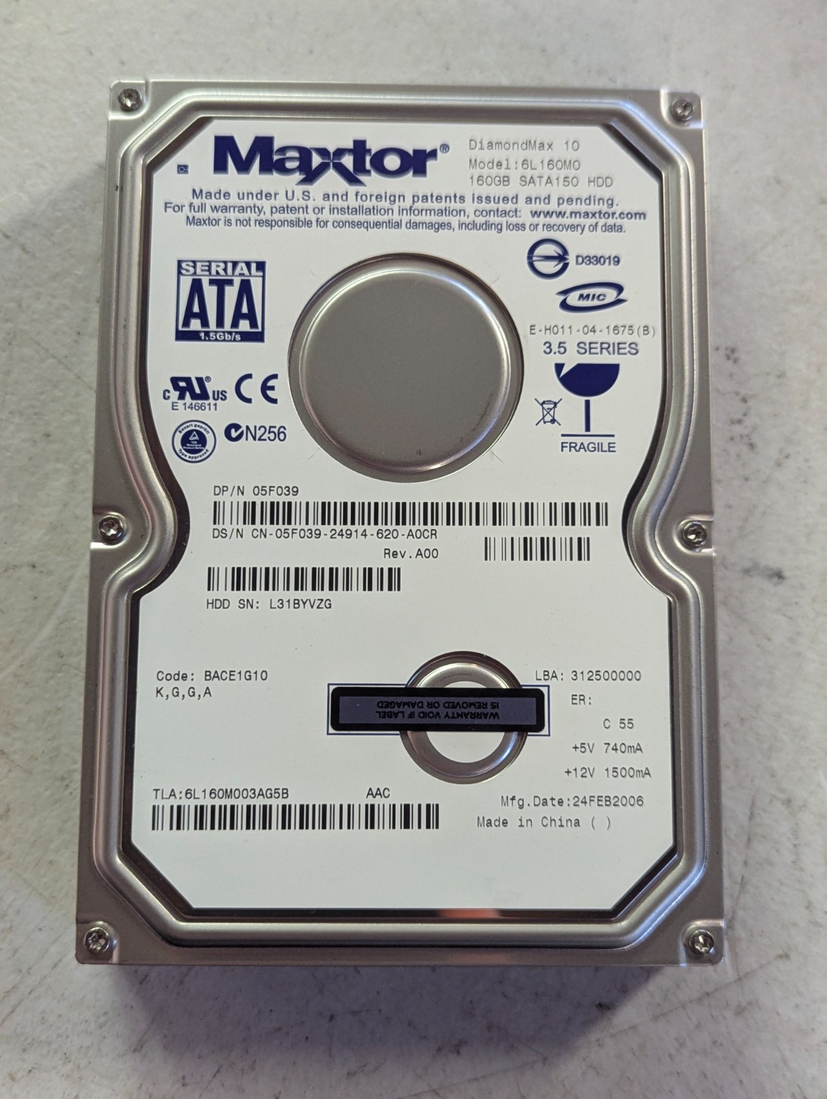 Maxtor DiamondMax 10 6L160M0 160GB 3.5" SATA150 Internal HDD 7200RPM 8MB