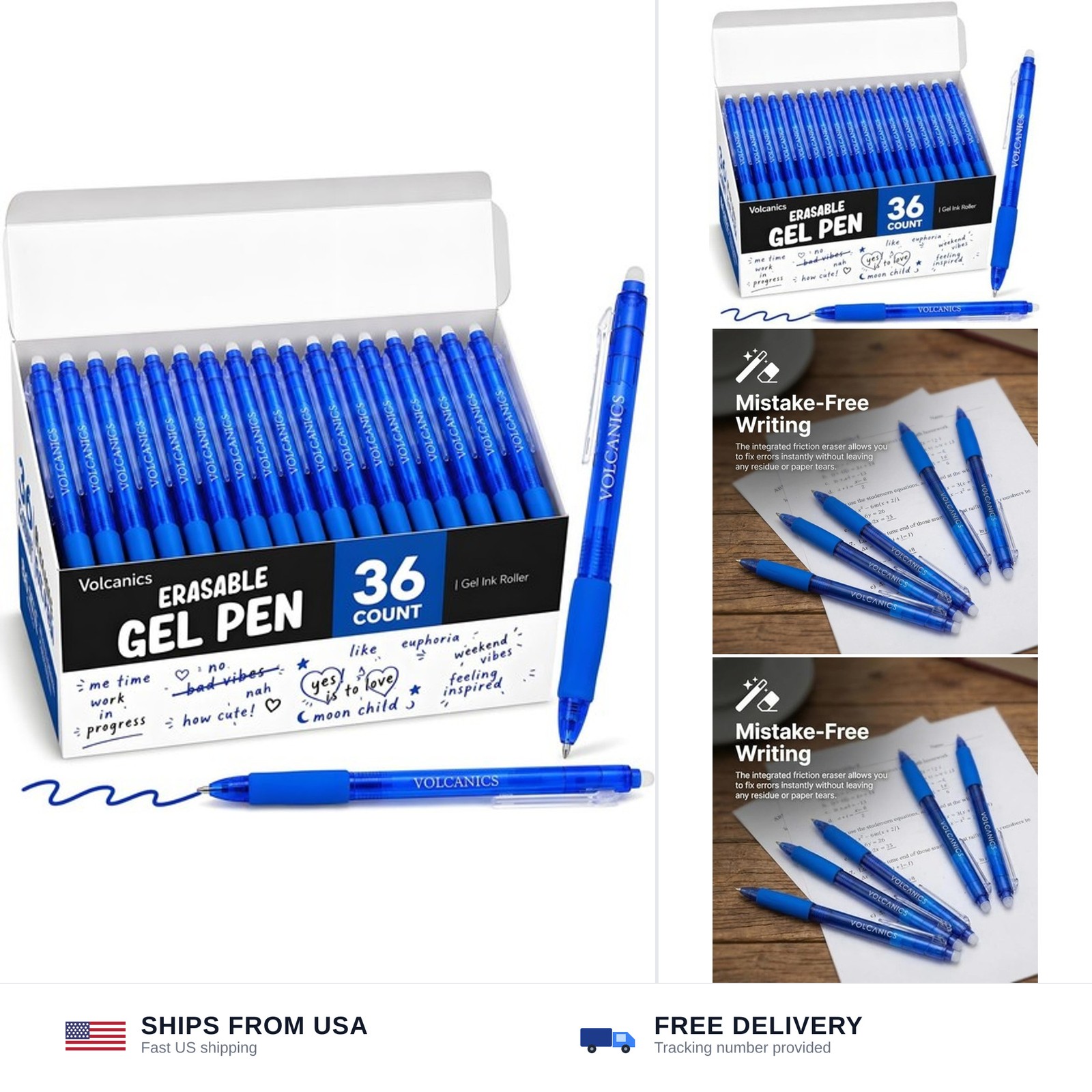 Retractable Clicker Erasable Gel Pens, Blue Ink, 0.7mm, 36 Pack | Gel