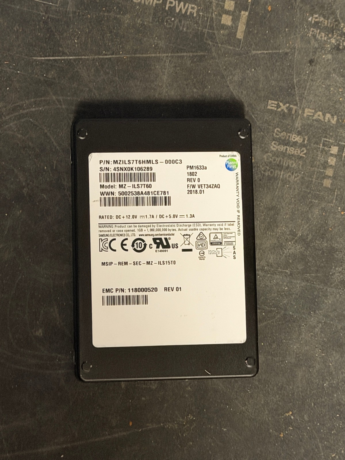 EMC Samsung PM1633a 7.68TB SAS 12Gb/s 2.5" SSD MZ-ILS7T60 118000520 98% Health