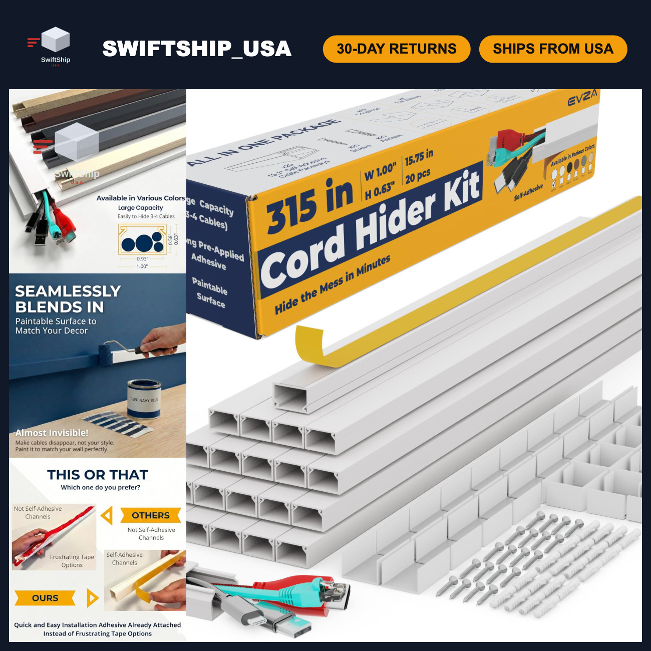 Cord Hider Kit - 315in Paintable White Raceway, Wall-Mounted Cable Concealer, Wi