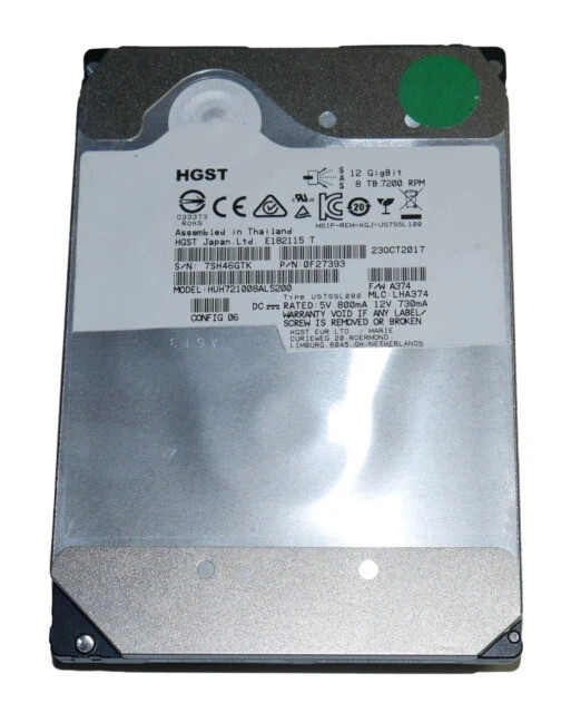 HGST 8TB SAS 3.5" Server Hard Drive - HUH721008AL5200 0F27393 %100 health
