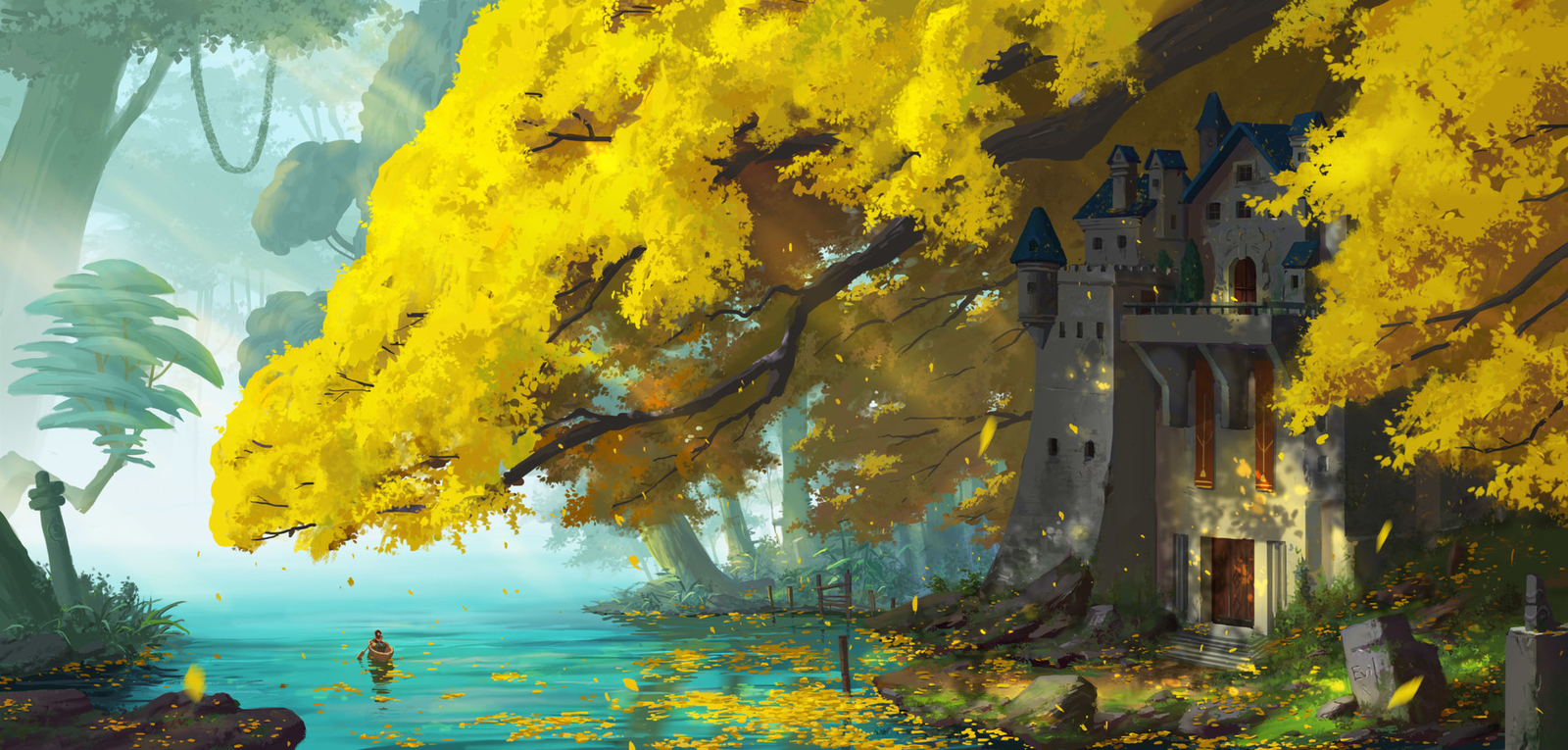 Landscape chen chao castle lake trees fall men Custom Gaming Mat Desk