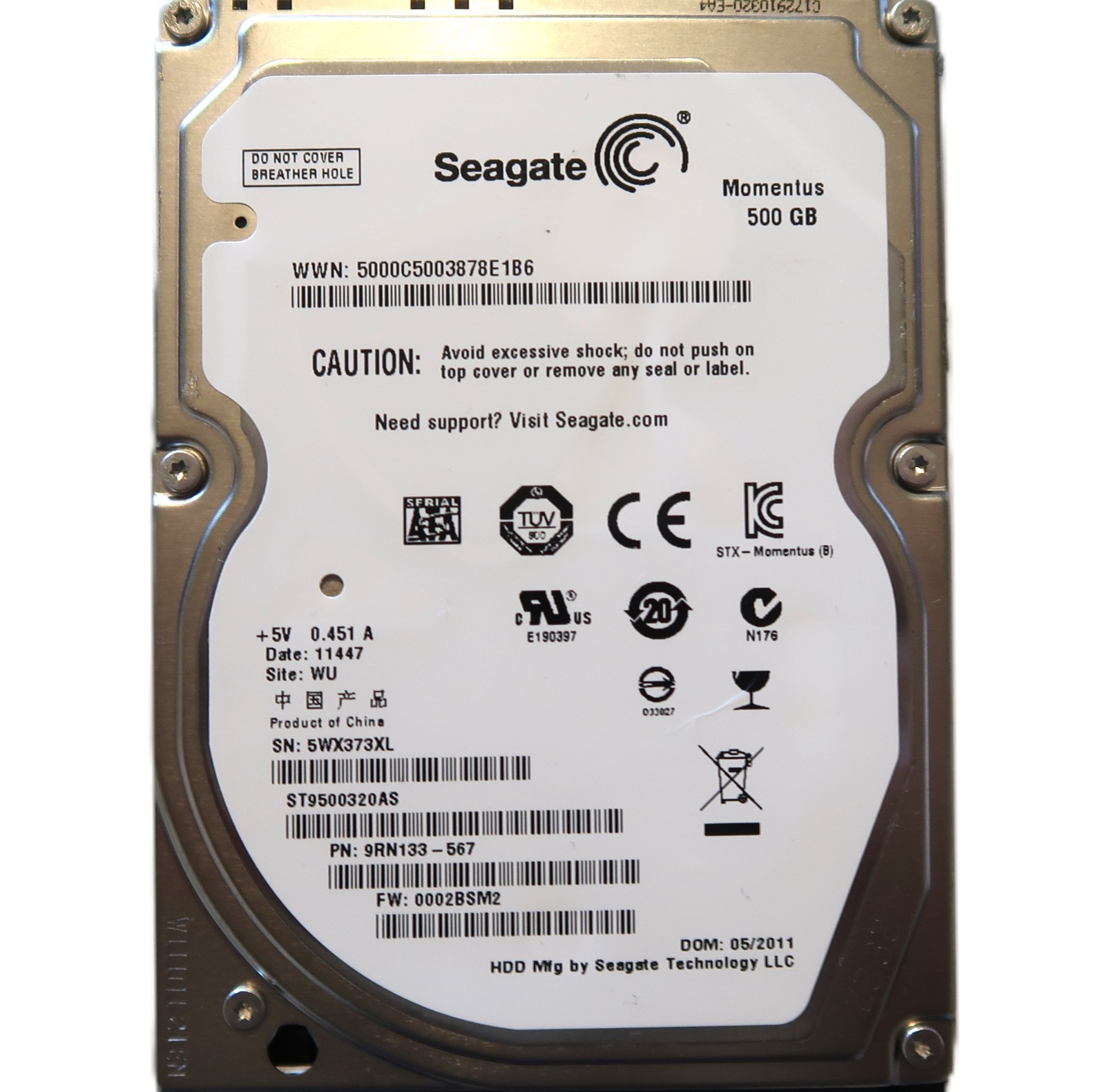Seagate ST9500320AS 9RN133-567 0002BSM2 (5WX) WU China 2.5" 500gb Sata 05/2011