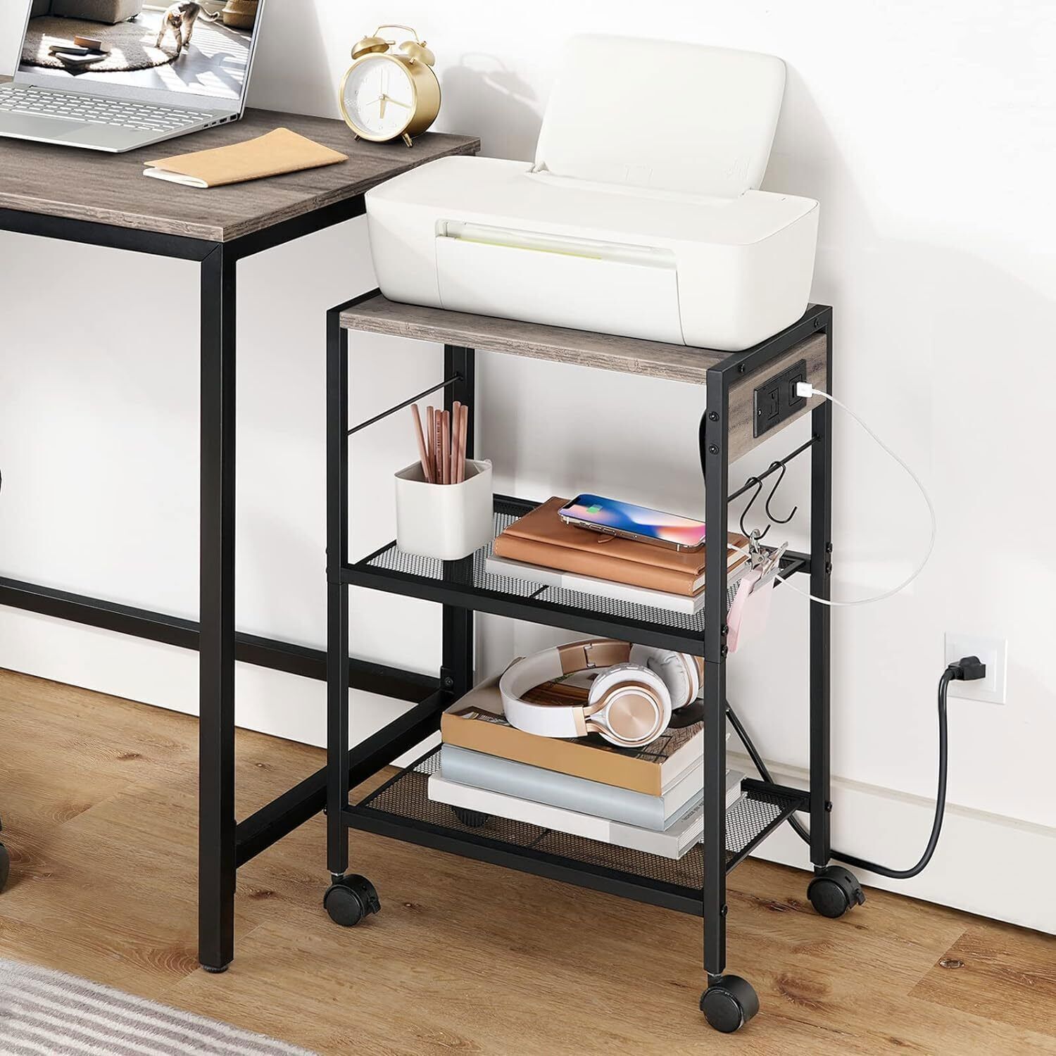Printer Stand Mobile Printer Table Rolling Cart w/ Power Outlets and USB Ports