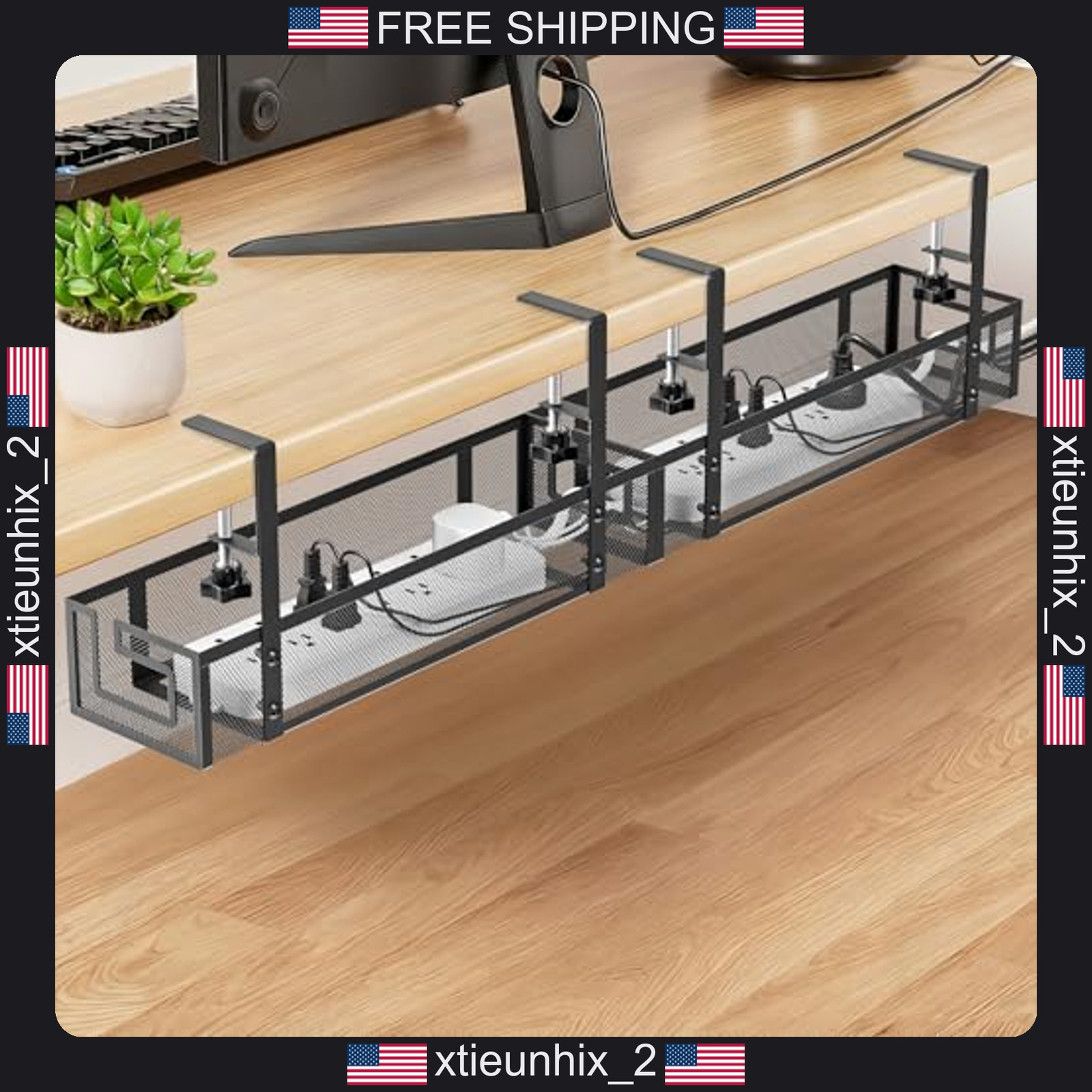 Cable Management Tray 15.75 inch Metal No Drill Under Desk Organizer Black