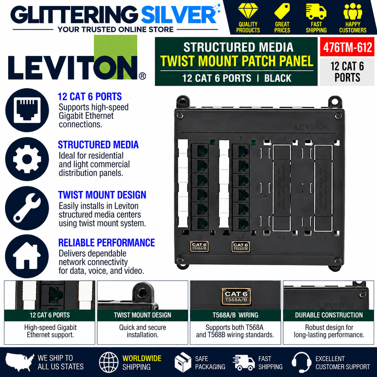 Leviton 476TM-612 Twist Mount Patch Panel 12-Port Cat6 Structured Media Black