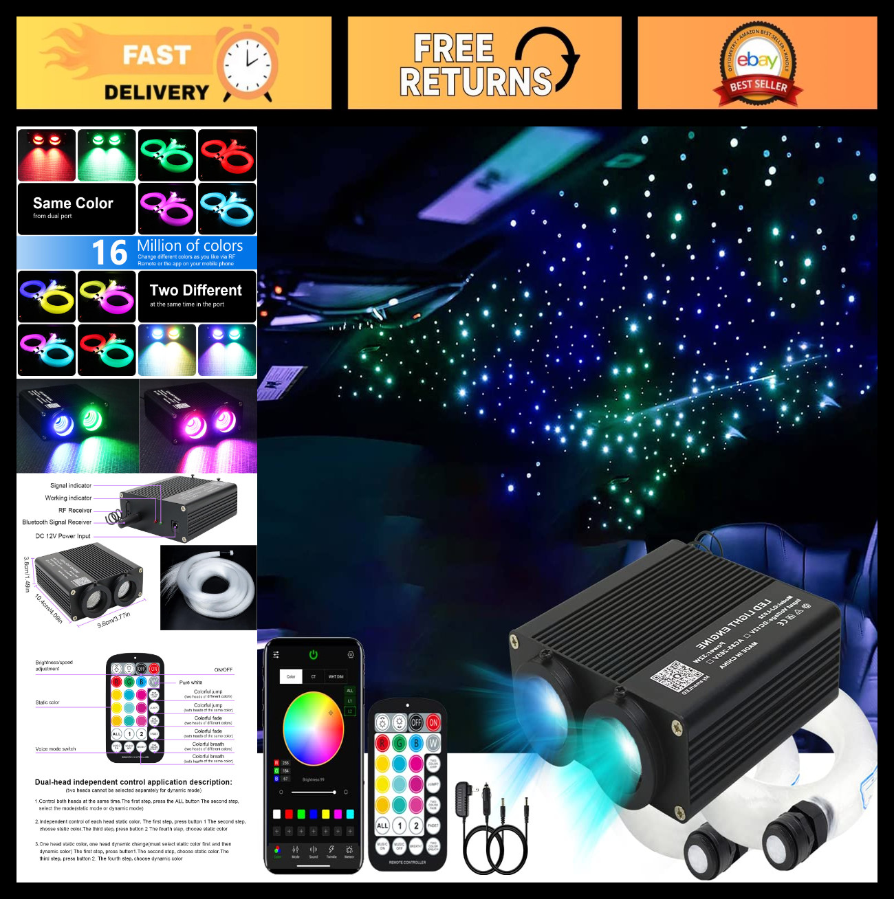 Dual Color 32W Fiber Optic Starlight Kit - 600pcs 0.03in 9.8ft Strands, Sound-Ac